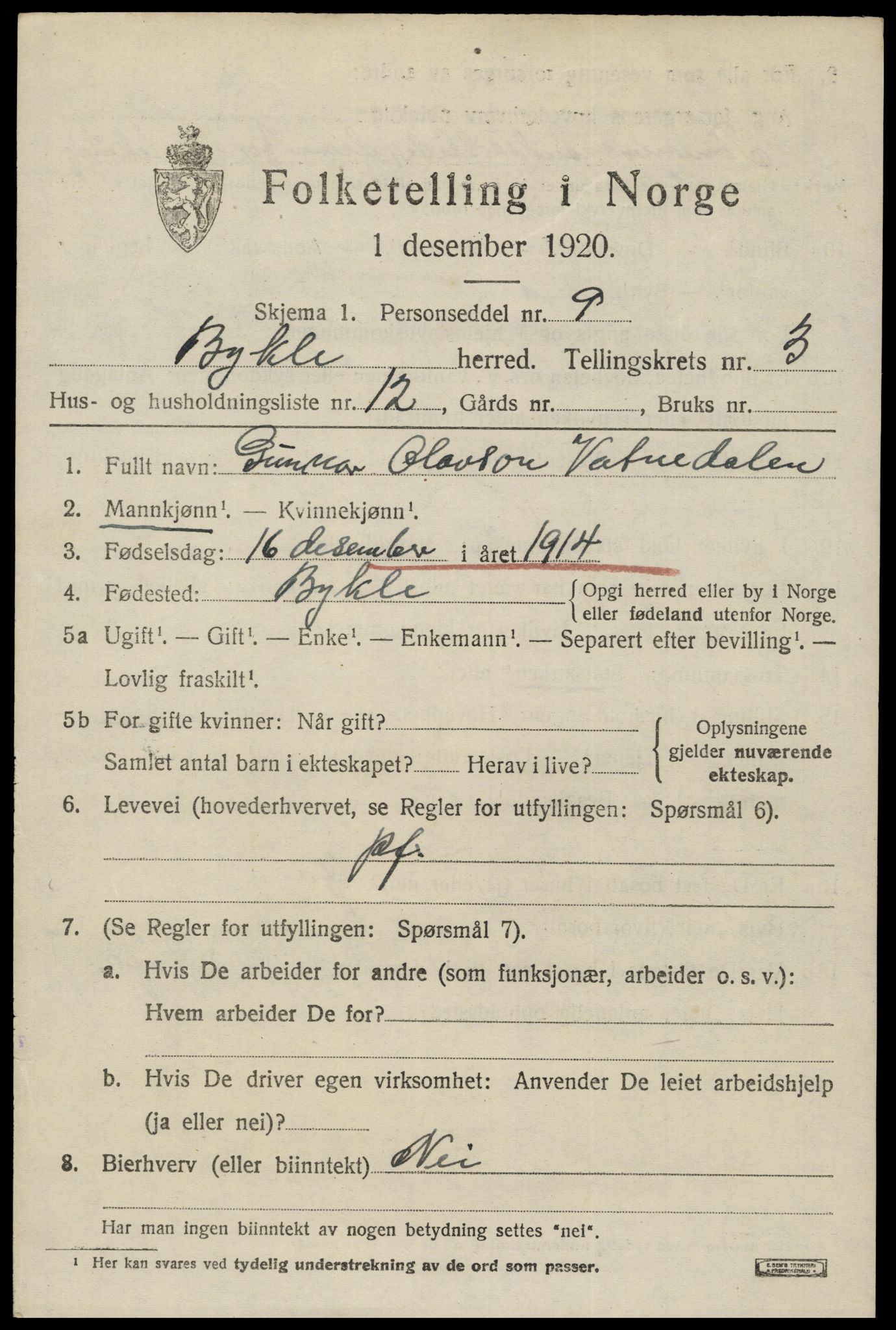 SAK, 1920 census for Bykle, 1920, p. 1155