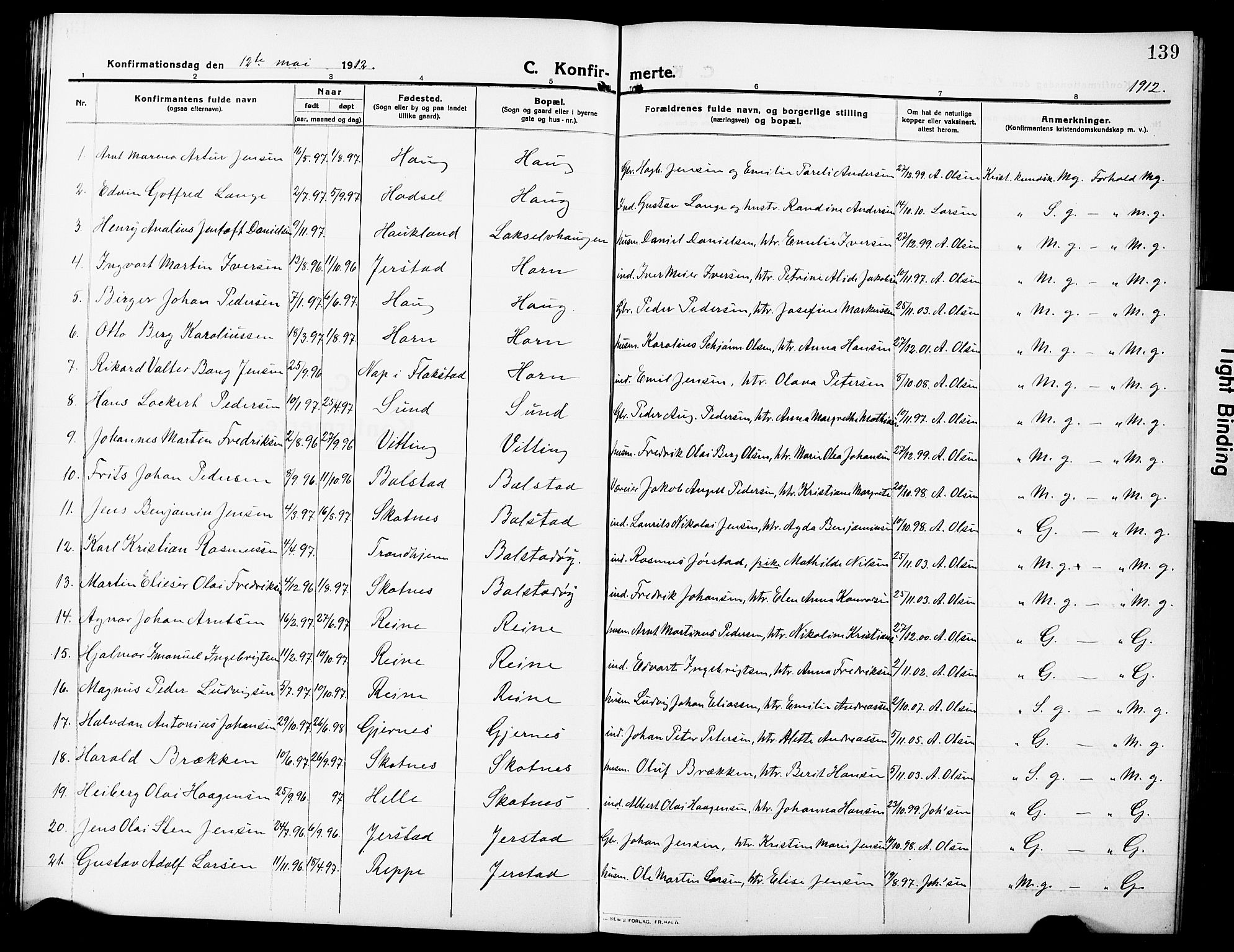 Ministerialprotokoller, klokkerbøker og fødselsregistre - Nordland, SAT/A-1459/881/L1169: Parish register (copy) no. 881C06, 1912-1930, p. 139