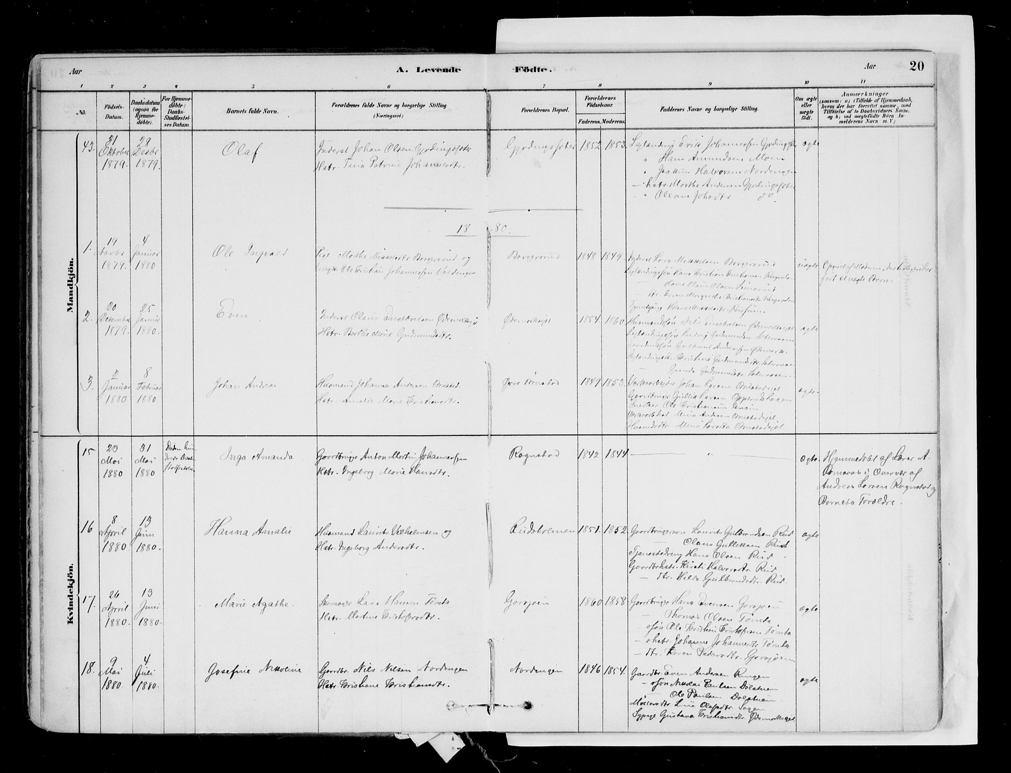 Hurdal prestekontor Kirkebøker, SAO/A-10889/F/Fa/L0007: Parish register (official) no. I 7, 1878-1906, p. 20