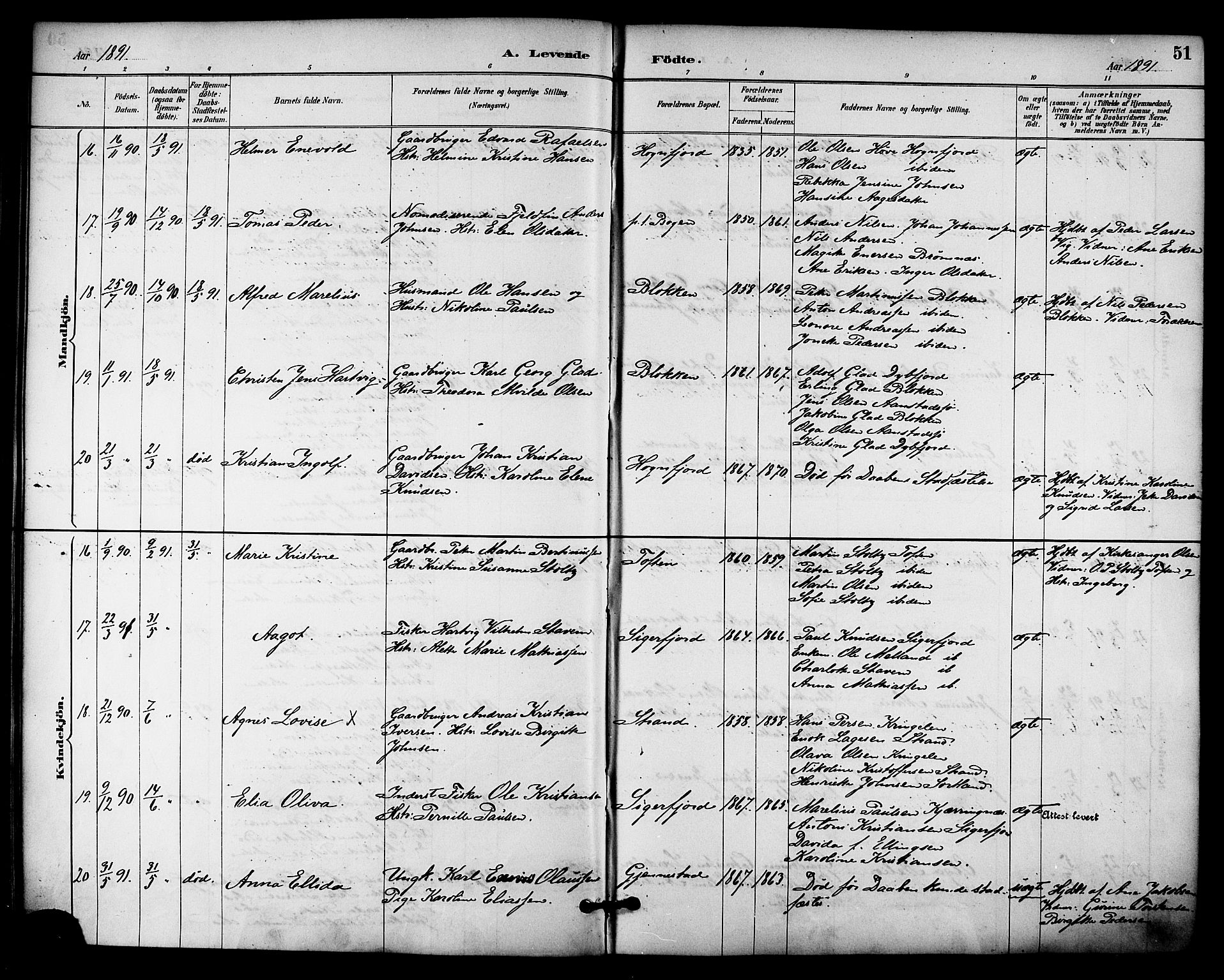 Ministerialprotokoller, klokkerbøker og fødselsregistre - Nordland, AV/SAT-A-1459/895/L1371: Parish register (official) no. 895A06, 1885-1894, p. 51