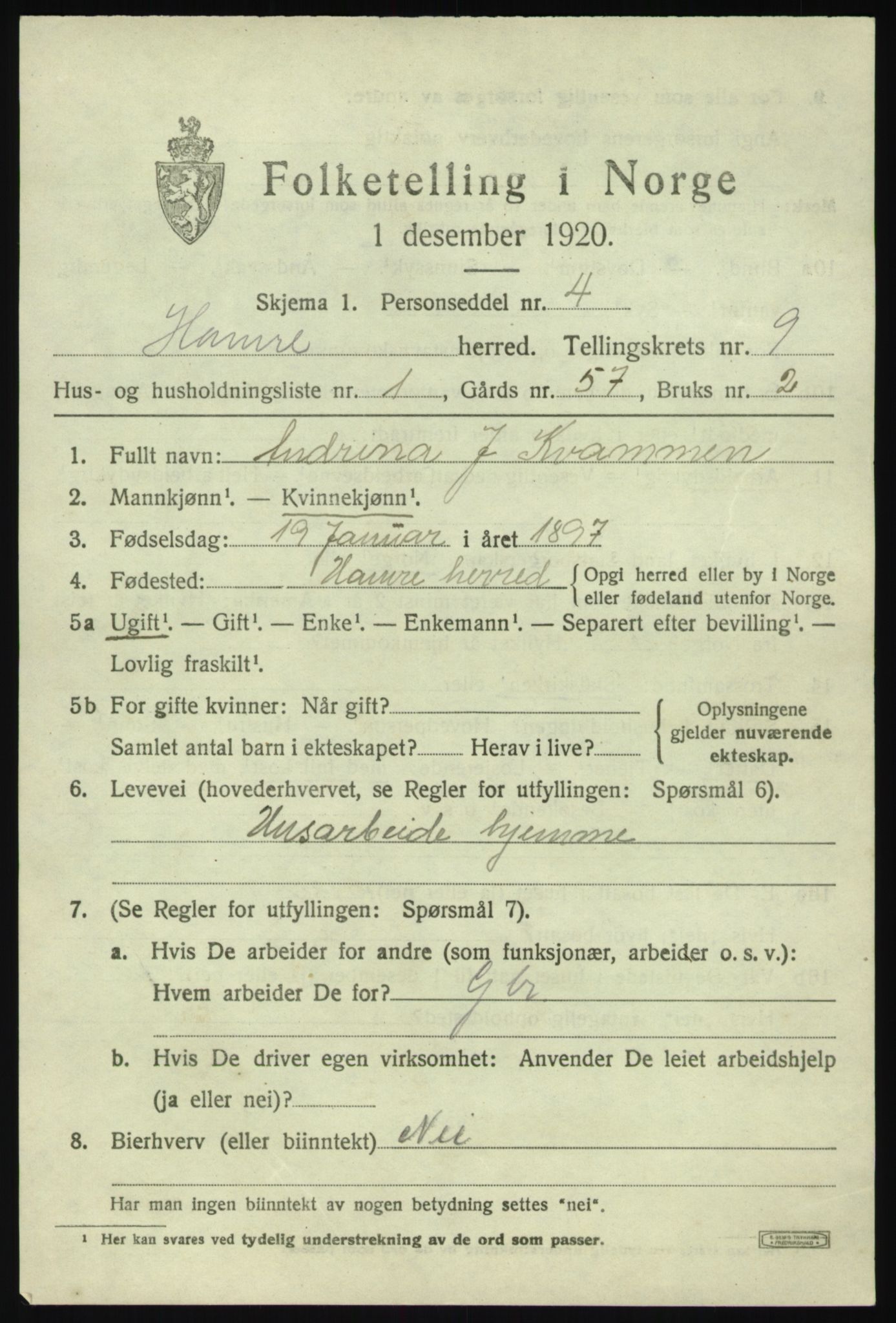 SAB, 1920 census for Hamre, 1920, p. 4845