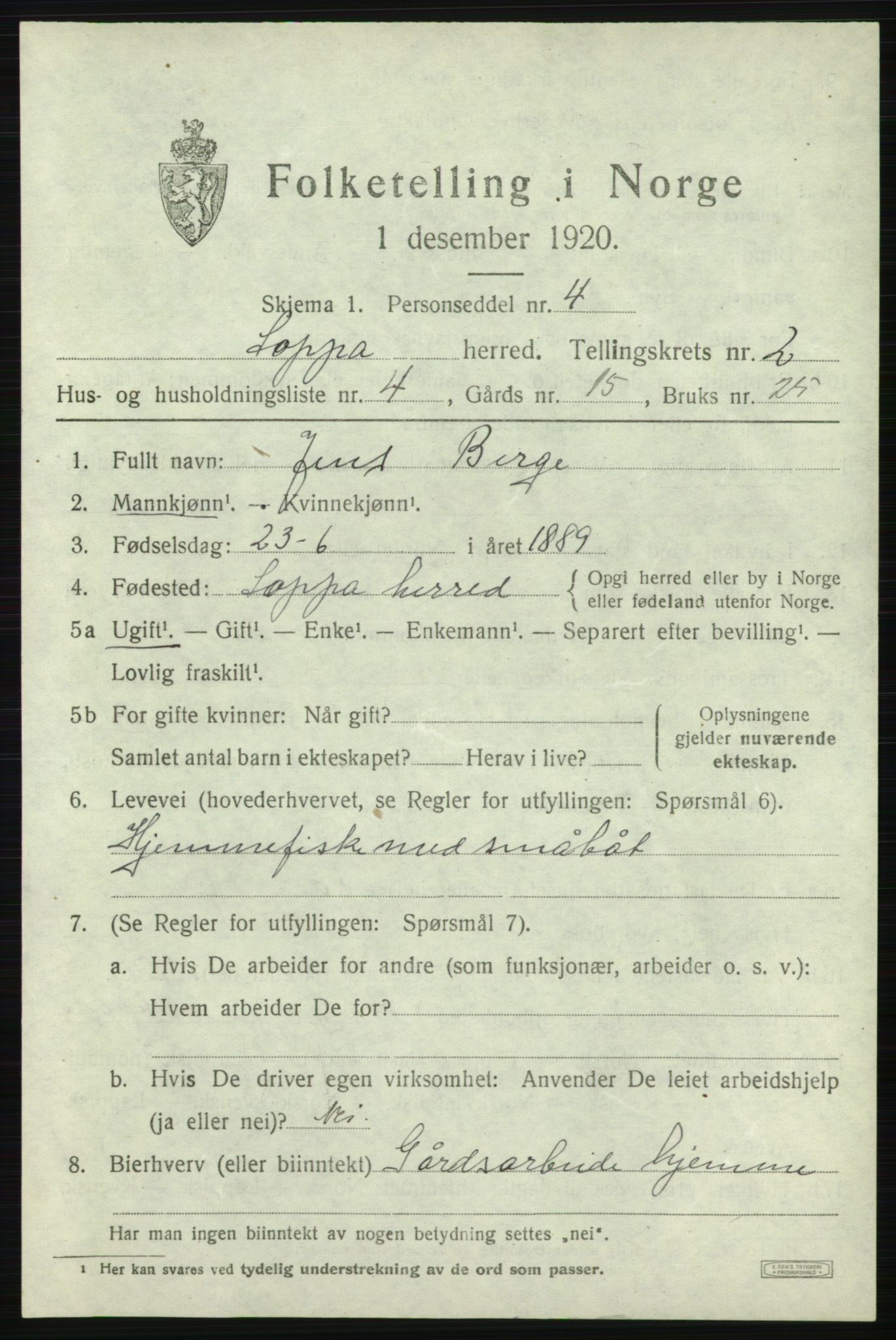 SATØ, 1920 census for Loppa, 1920, p. 854