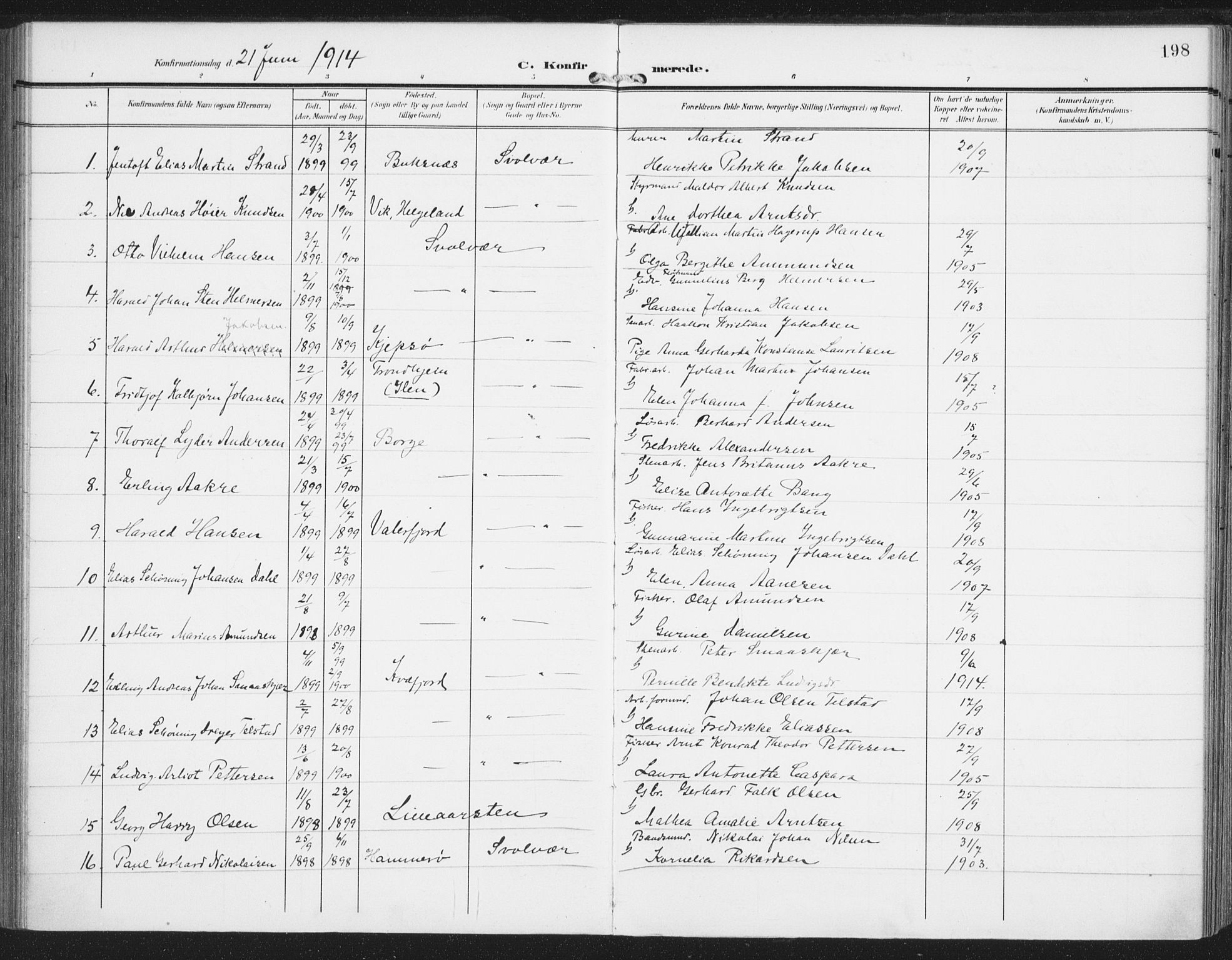 Ministerialprotokoller, klokkerbøker og fødselsregistre - Nordland, AV/SAT-A-1459/874/L1063: Parish register (official) no. 874A07, 1907-1915, p. 198