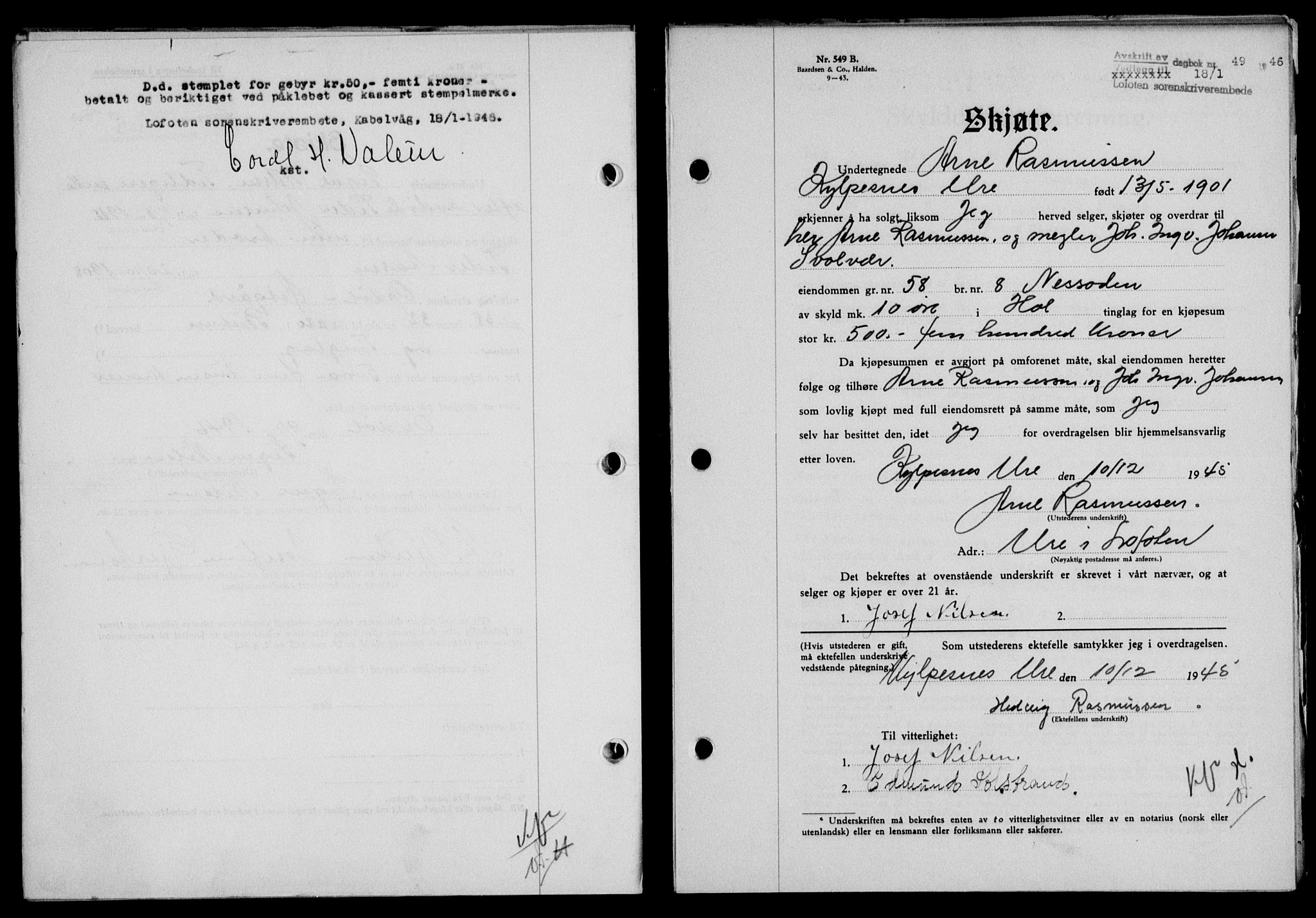 Lofoten sorenskriveri, SAT/A-0017/1/2/2C/L0013a: Mortgage book no. 13a, 1944-1946, Diary no: : 49/1946