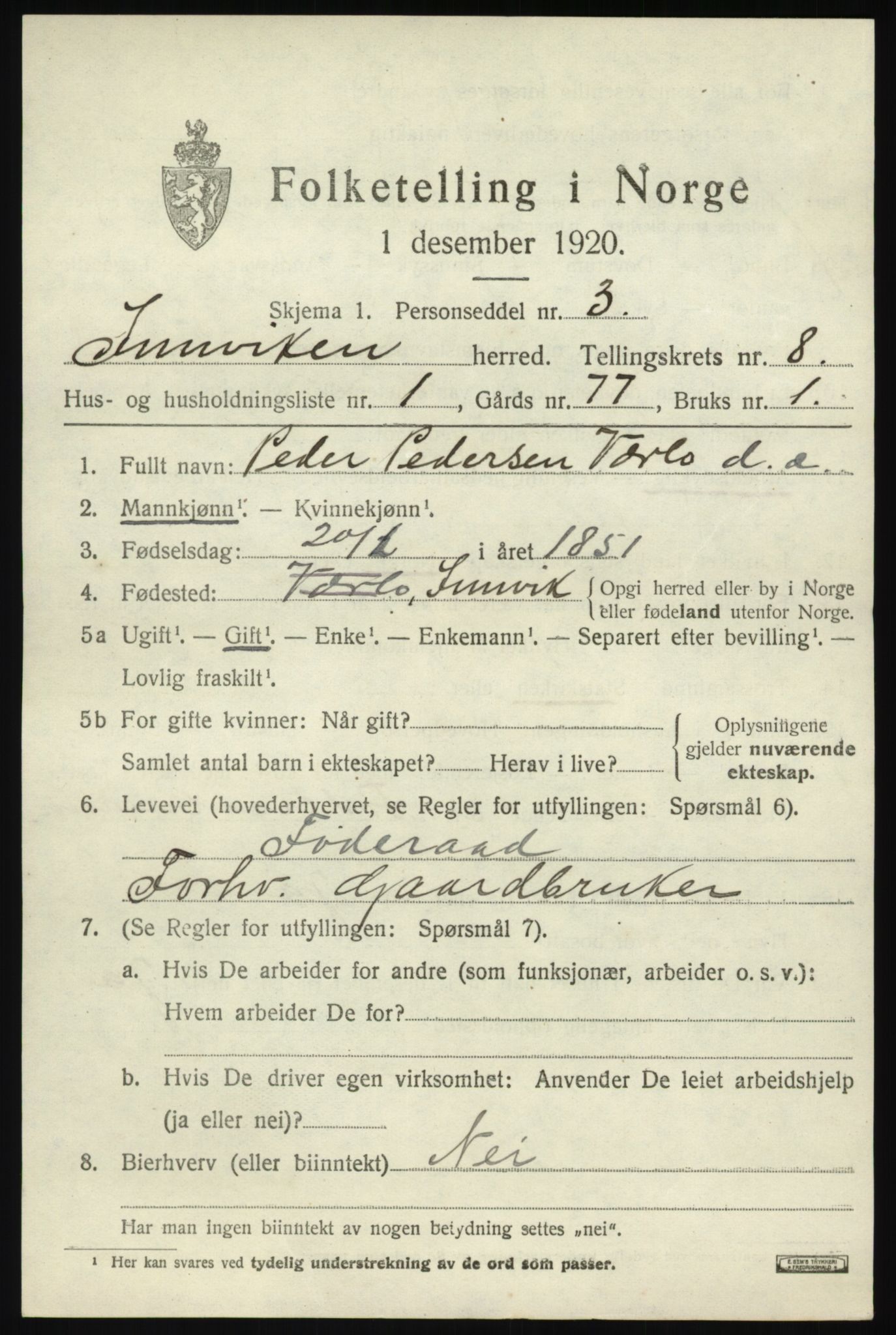 SAB, 1920 census for Innvik, 1920, p. 3435