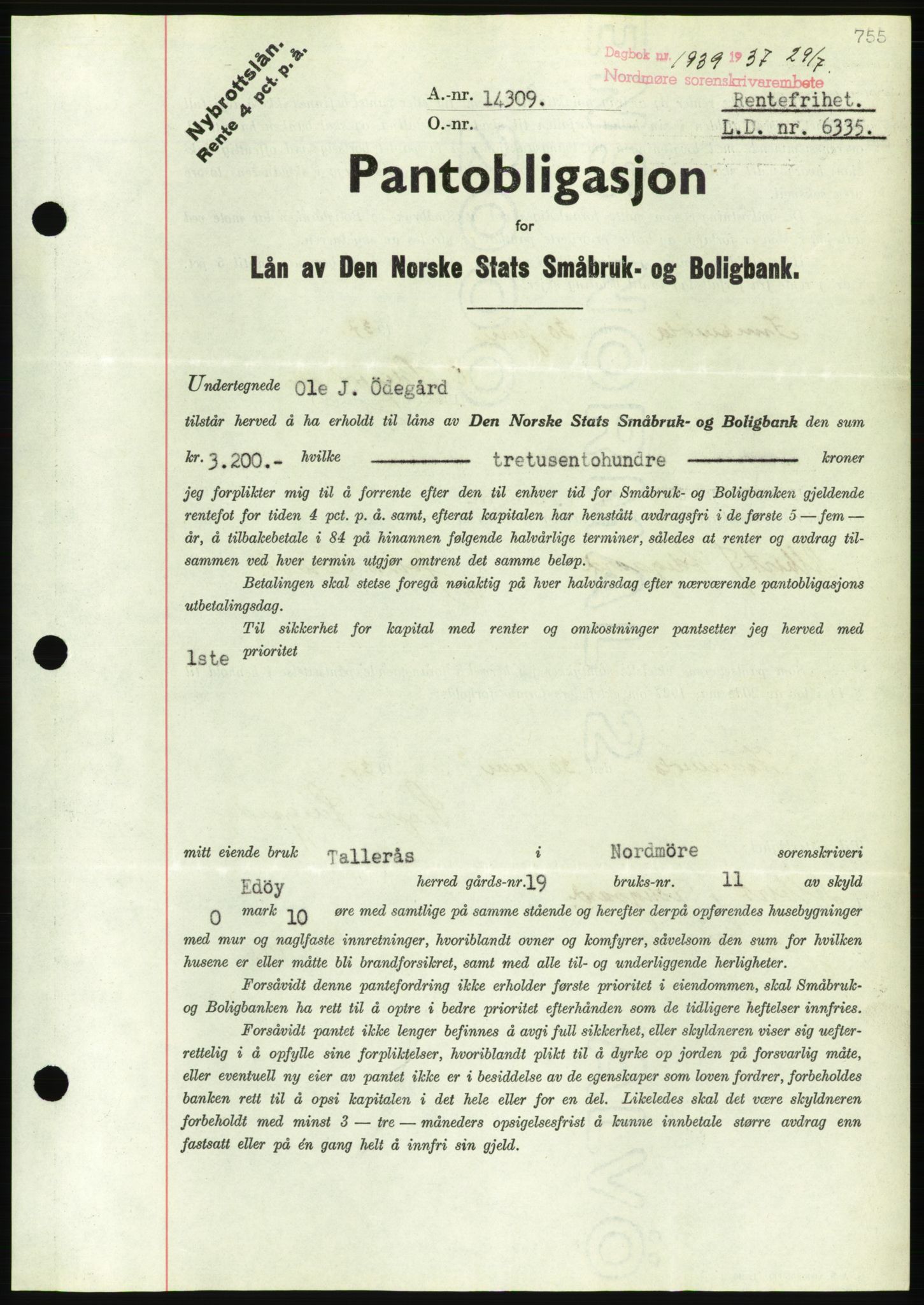 Nordmøre sorenskriveri, AV/SAT-A-4132/1/2/2Ca/L0091: Mortgage book no. B81, 1937-1937, Diary no: : 1939/1937