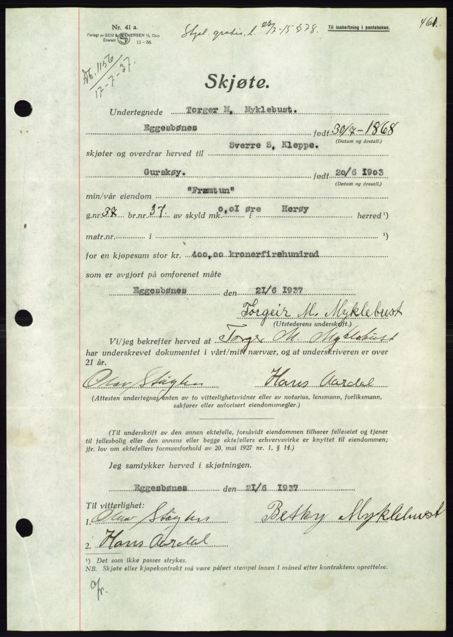 Søre Sunnmøre sorenskriveri, AV/SAT-A-4122/1/2/2C/L0063: Mortgage book no. 57, 1937-1937, Diary no: : 1156/1937