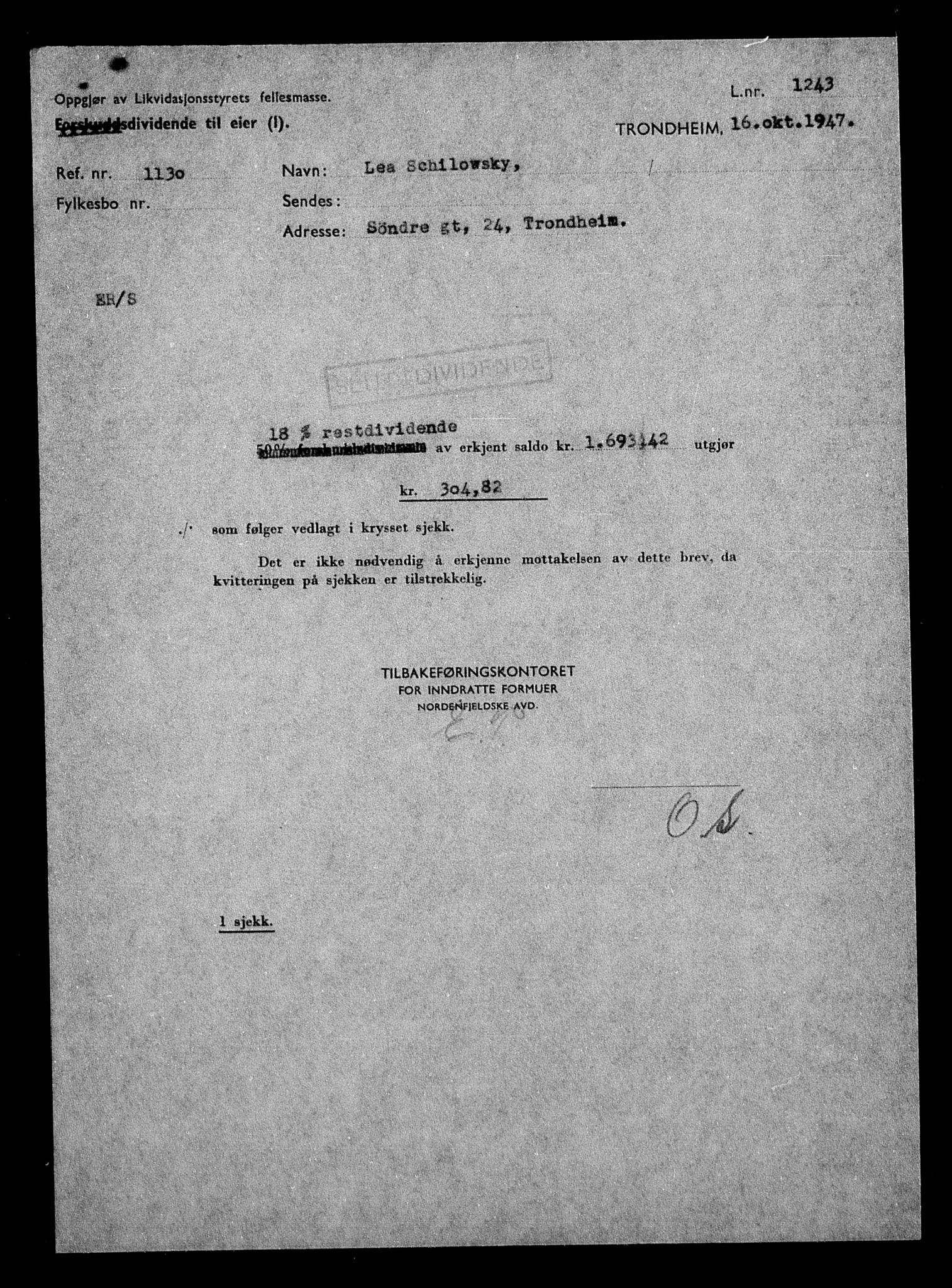 Justisdepartementet, Tilbakeføringskontoret for inndratte formuer, AV/RA-S-1564/H/Hc/Hca/L0908: --, 1945-1947, p. 225