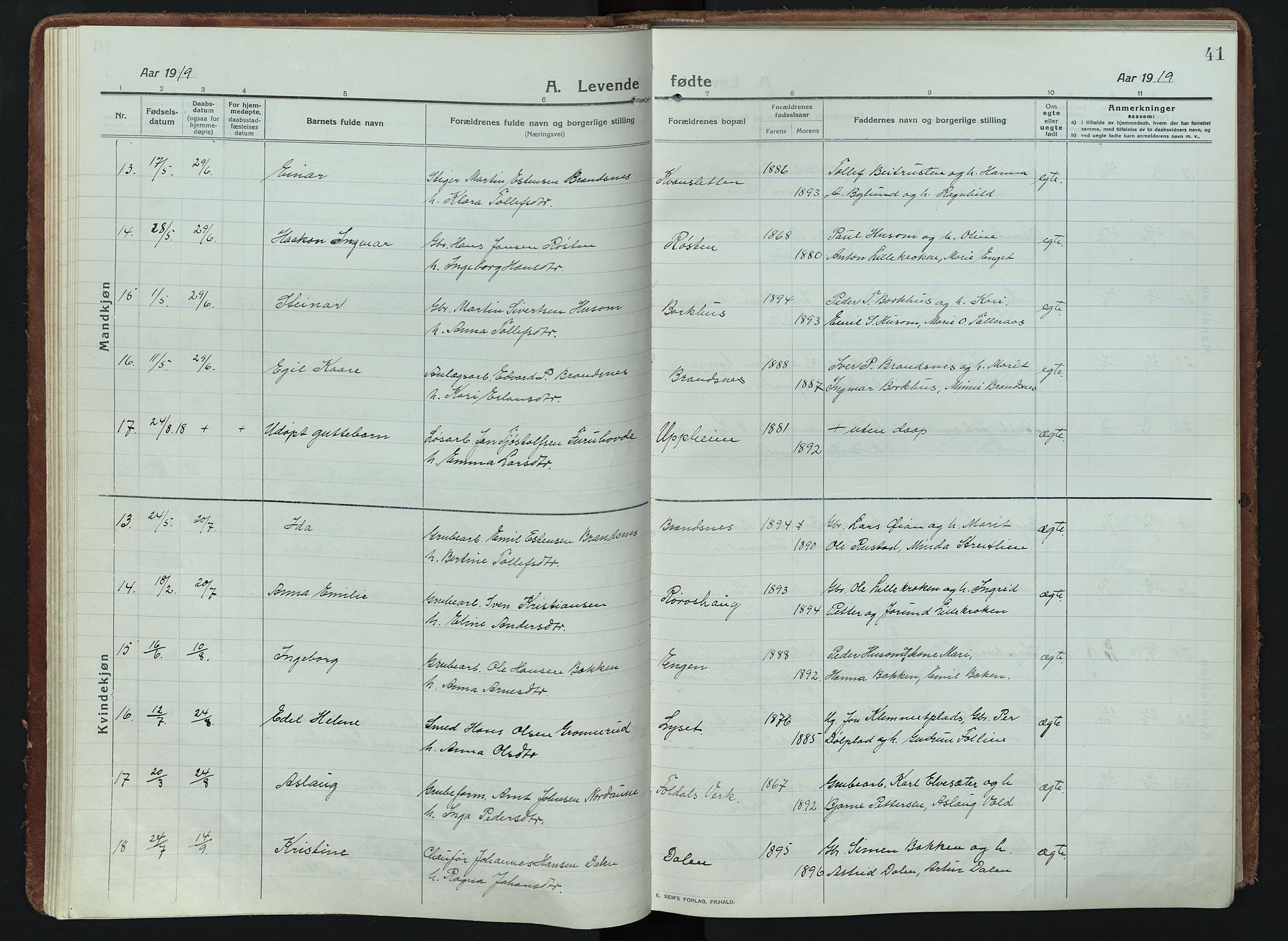 Alvdal prestekontor, AV/SAH-PREST-060/H/Ha/Haa/L0005: Parish register (official) no. 5, 1913-1930, p. 41