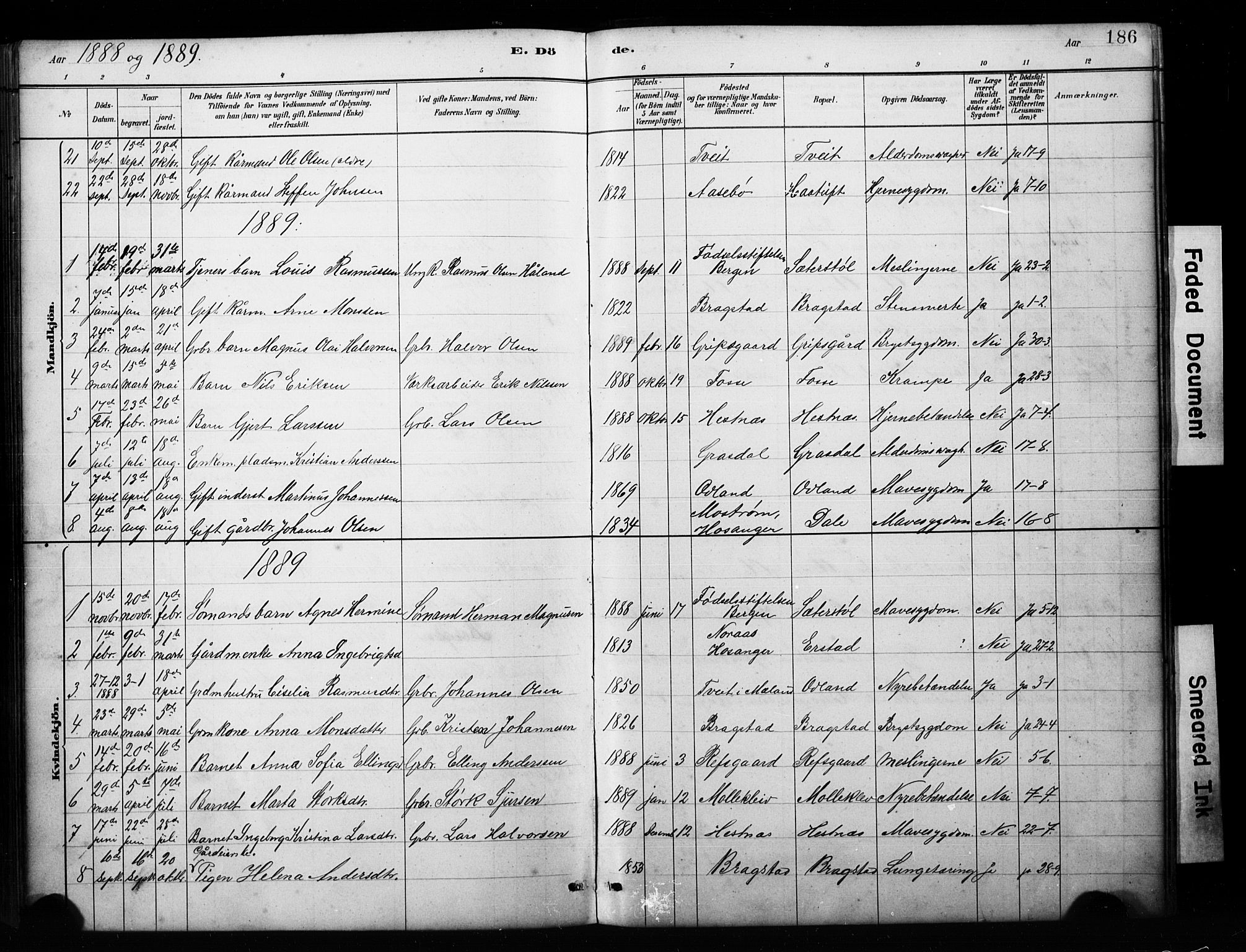 Alversund Sokneprestembete, SAB/A-73901/H/Ha/Hab: Parish register (copy) no. C 3, 1881-1894, p. 186