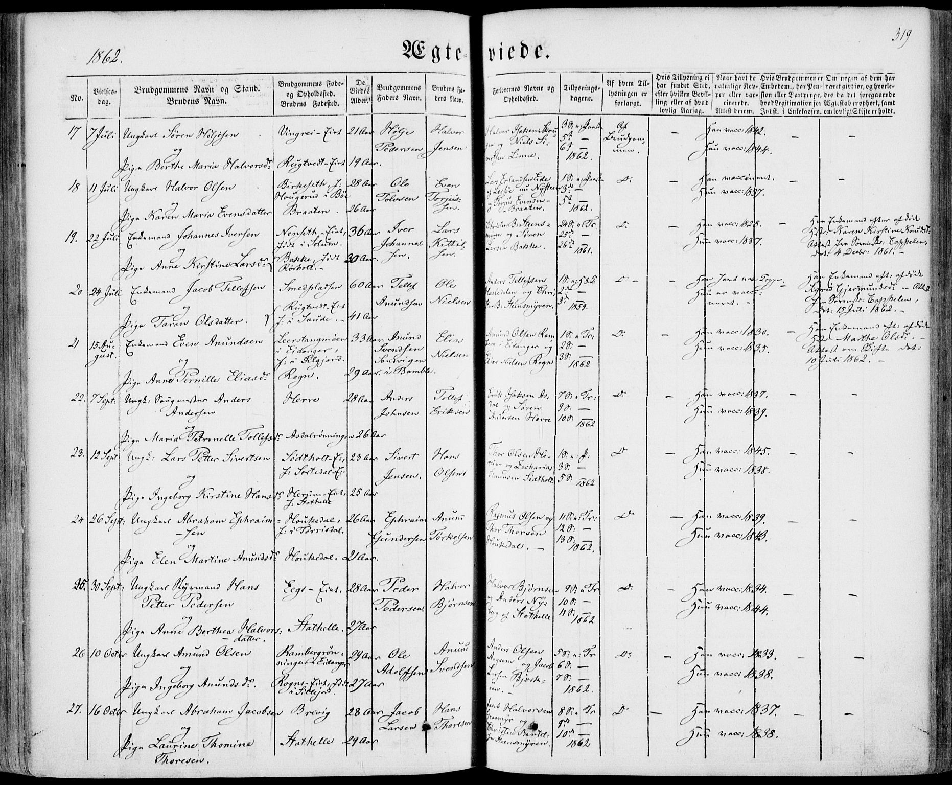 Bamble kirkebøker, SAKO/A-253/F/Fa/L0005: Parish register (official) no. I 5, 1854-1869, p. 319