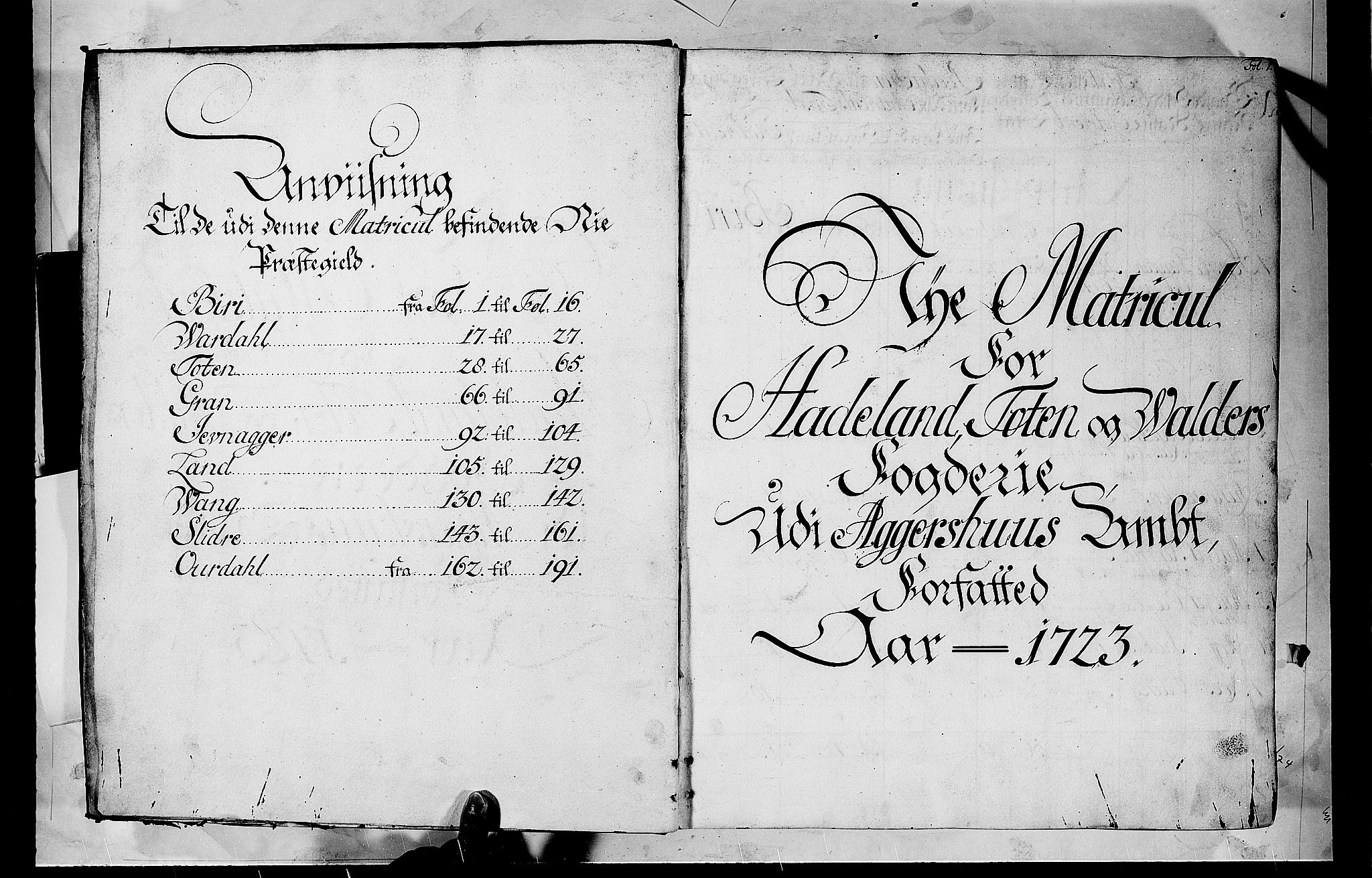 Rentekammeret inntil 1814, Realistisk ordnet avdeling, RA/EA-4070/N/Nb/Nbf/L0105: Hadeland, Toten og Valdres matrikkelprotokoll, 1723, p. 2