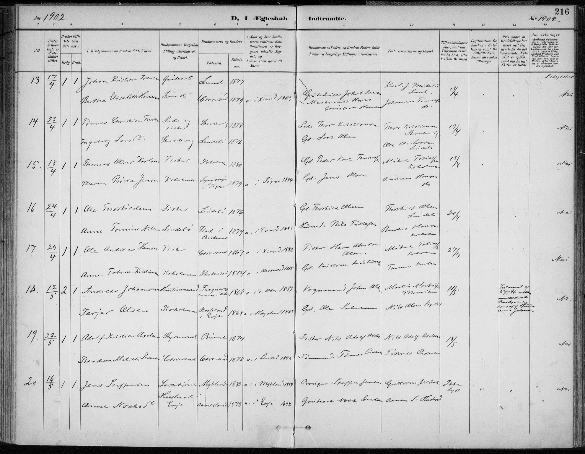 Oddernes sokneprestkontor, AV/SAK-1111-0033/F/Fa/Faa/L0010: Parish register (official) no. A 10, 1897-1911, p. 216