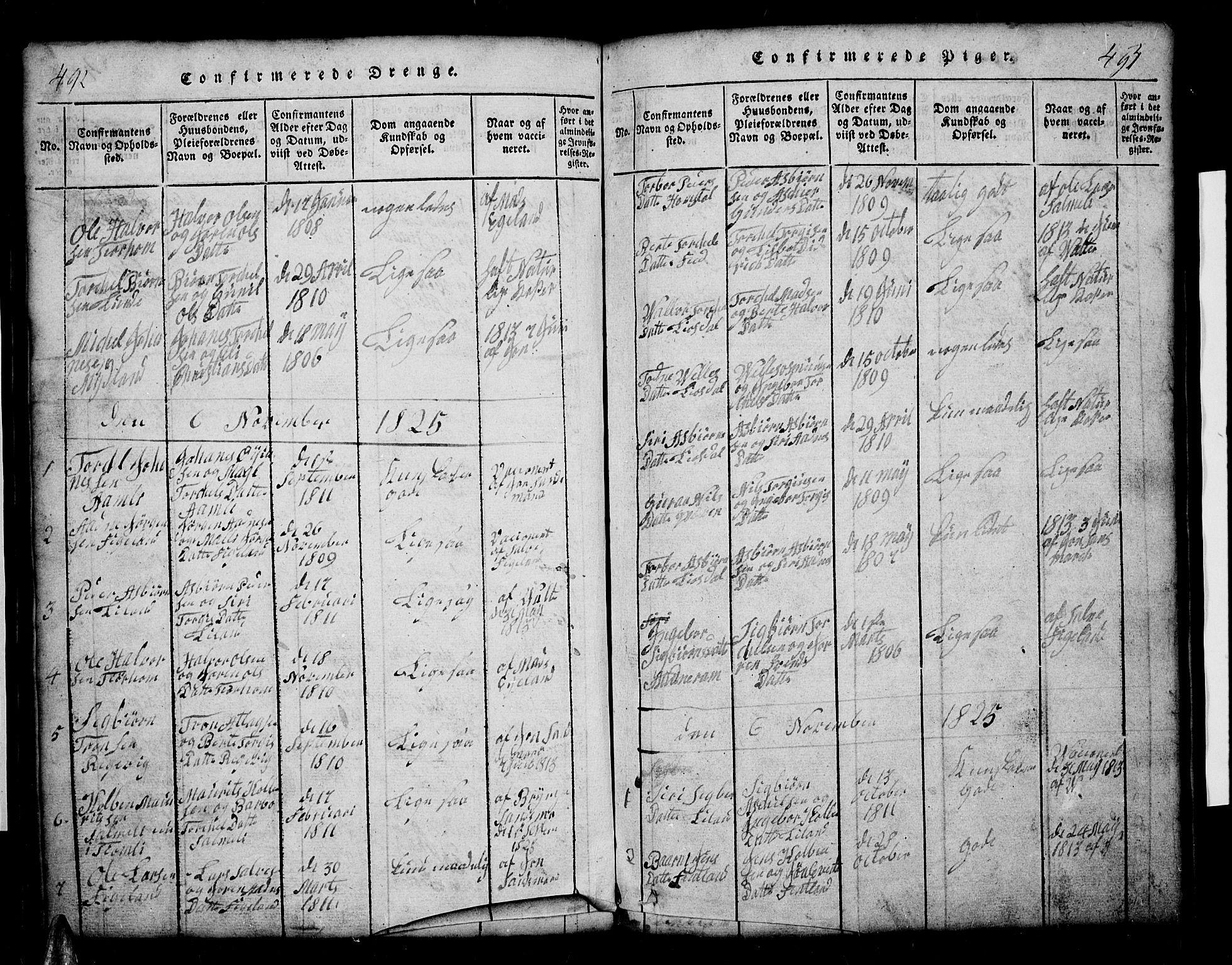 Sirdal sokneprestkontor, SAK/1111-0036/F/Fb/Fbb/L0001: Parish register (copy) no. B 1, 1815-1834, p. 492-493