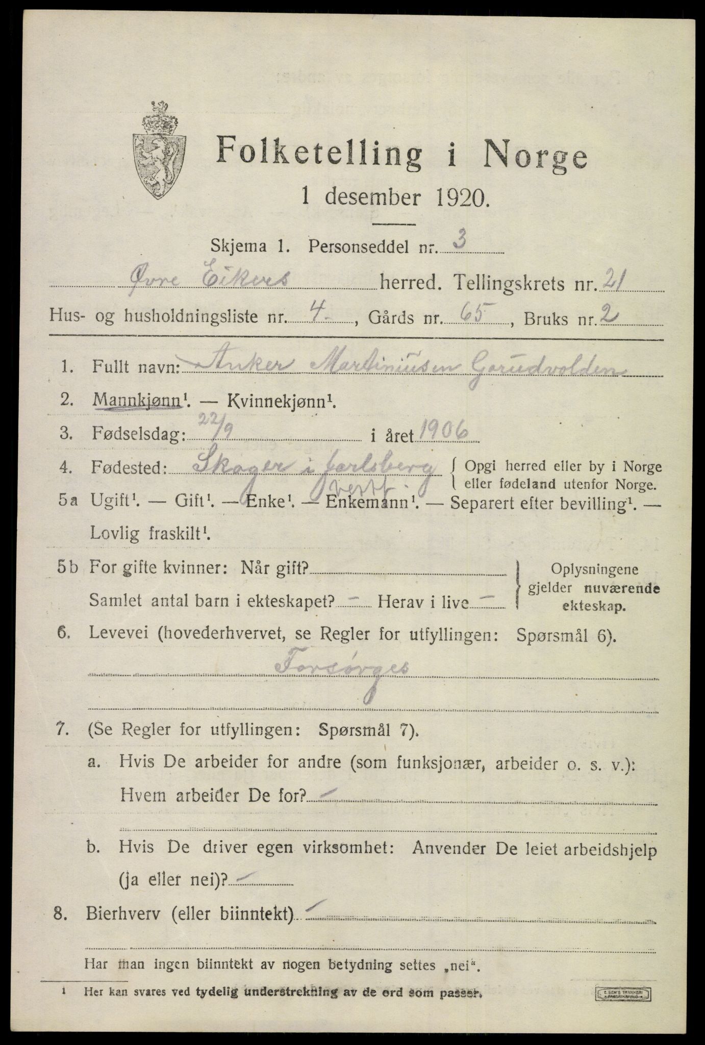 SAKO, 1920 census for Øvre Eiker, 1920, p. 22654