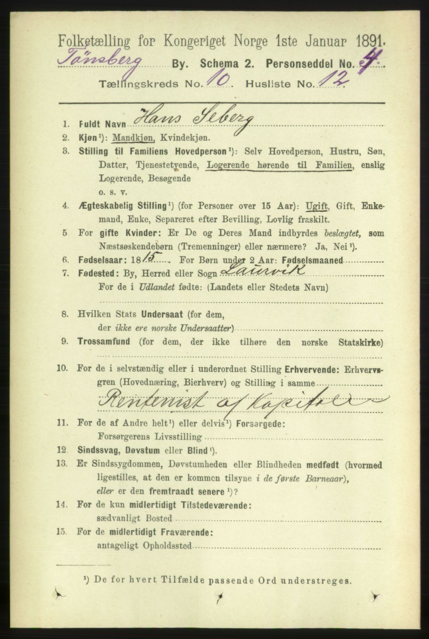 RA, 1891 census for 0705 Tønsberg, 1891, p. 3756