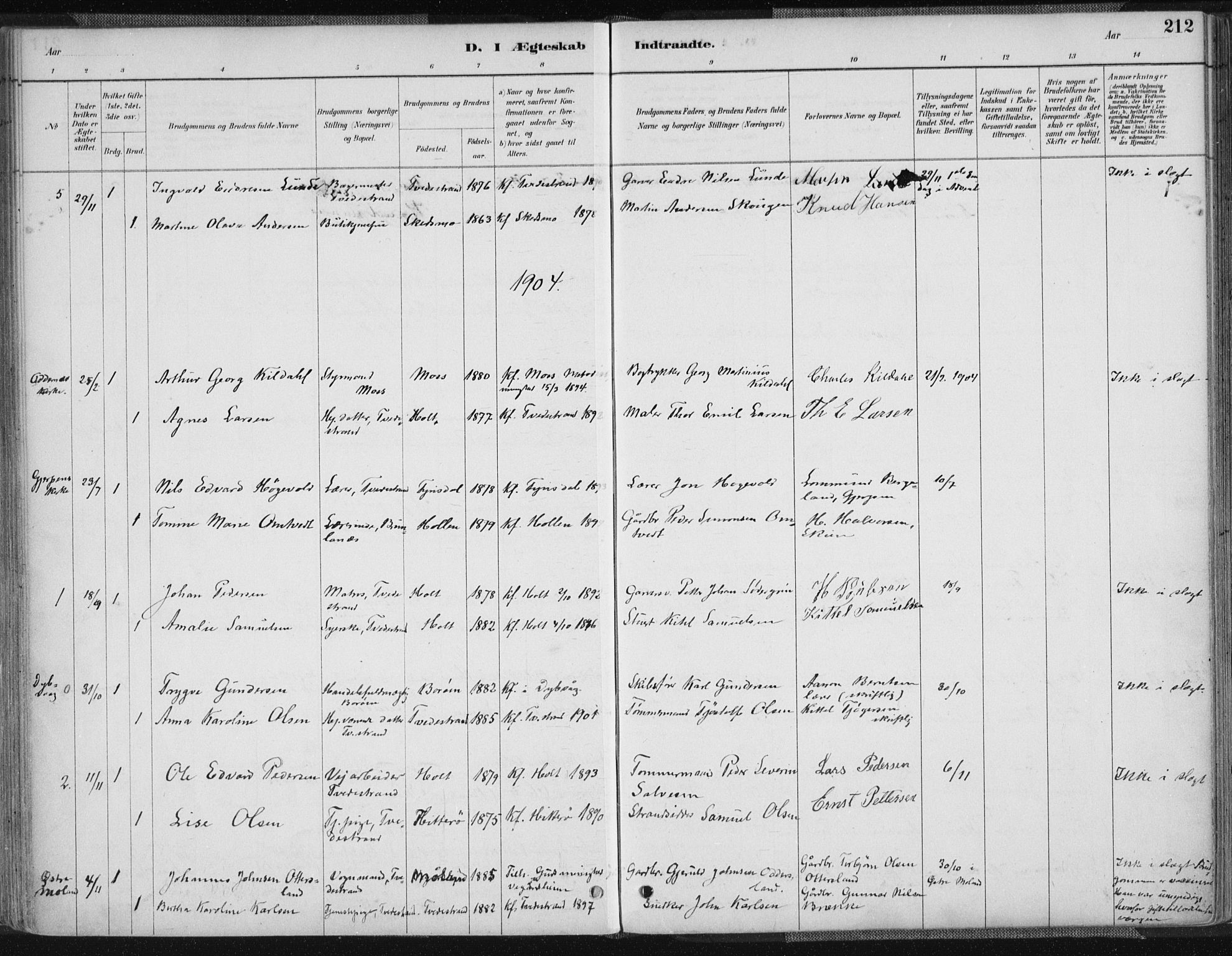 Tvedestrand sokneprestkontor, AV/SAK-1111-0042/F/Fa/L0001: Parish register (official) no. A 1, 1885-1916, p. 212