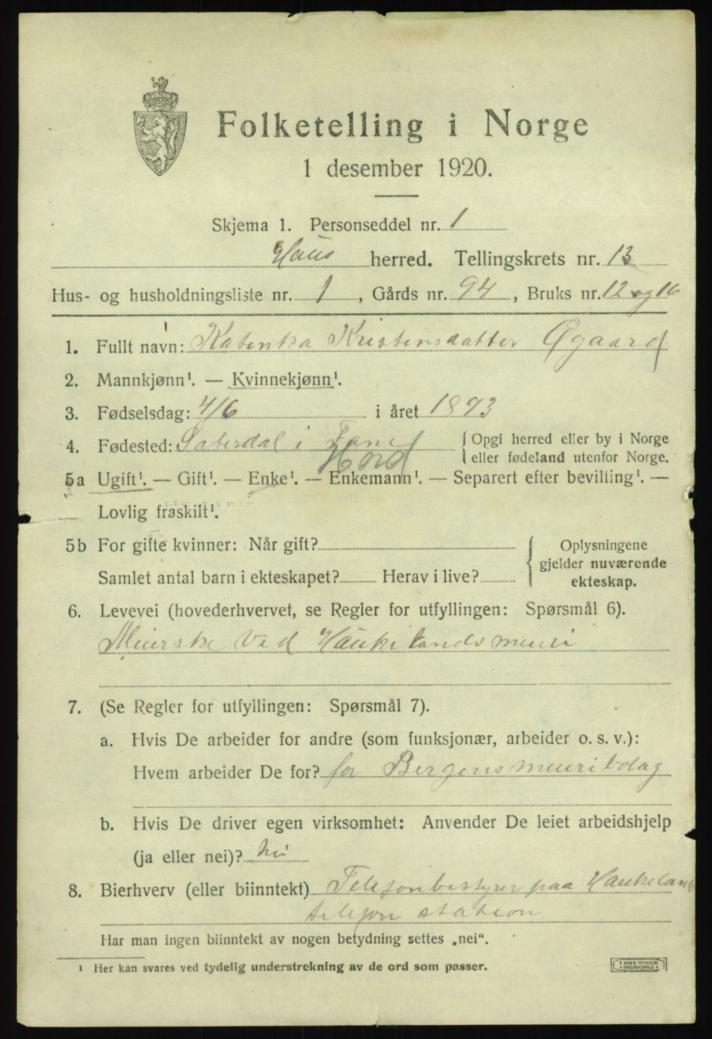 SAB, 1920 census for Haus, 1920, p. 7947