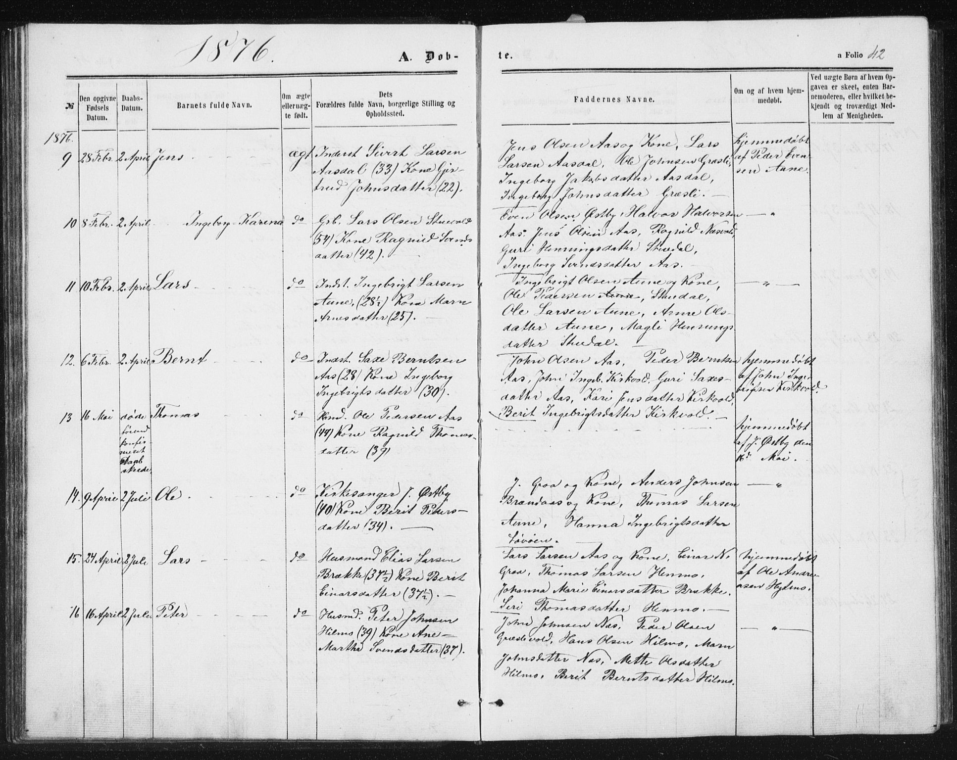 Ministerialprotokoller, klokkerbøker og fødselsregistre - Sør-Trøndelag, SAT/A-1456/698/L1166: Parish register (copy) no. 698C03, 1861-1887, p. 42