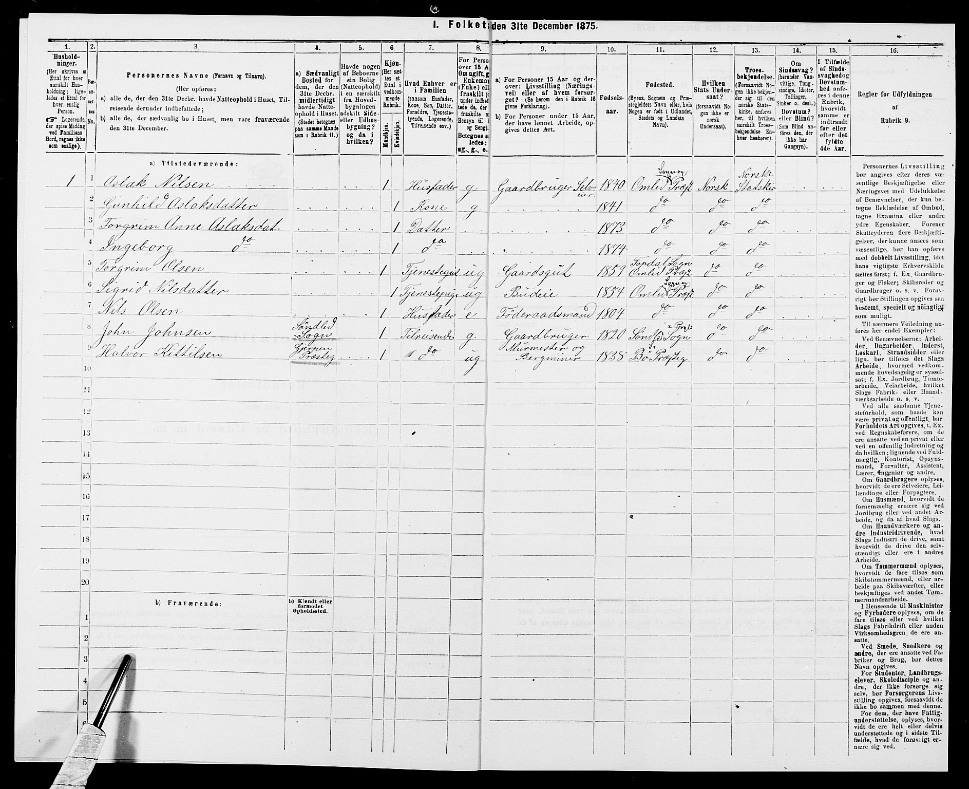 SAK, 1875 census for 0929P Åmli, 1875, p. 539