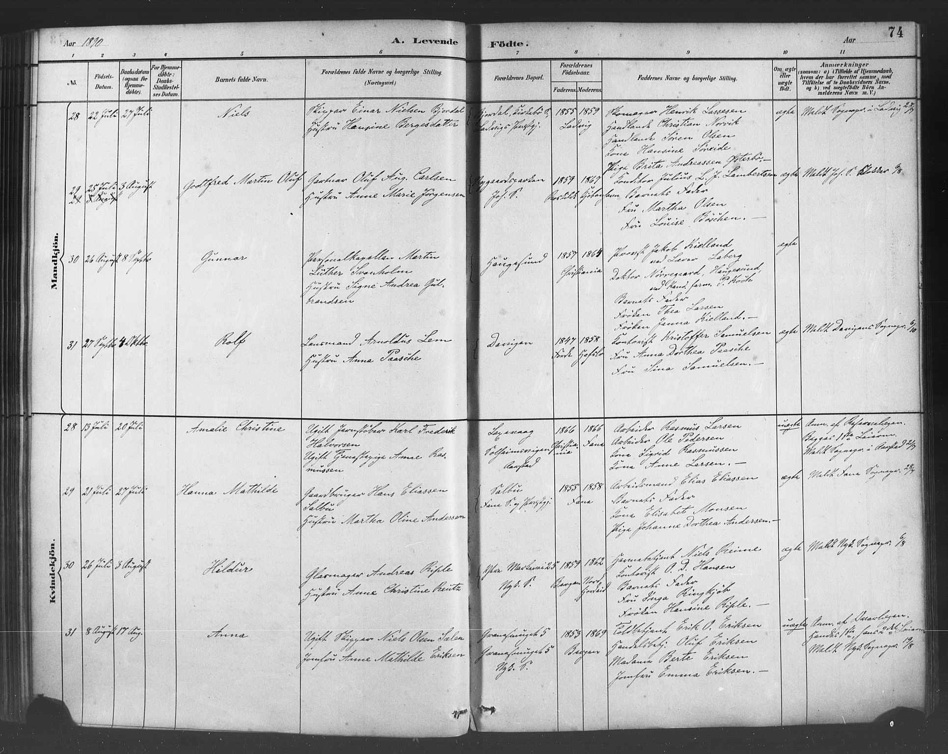 Fødselsstiftelsens sokneprestembete*, SAB/-: Parish register (official) no. A 2, 1884-1900, p. 74