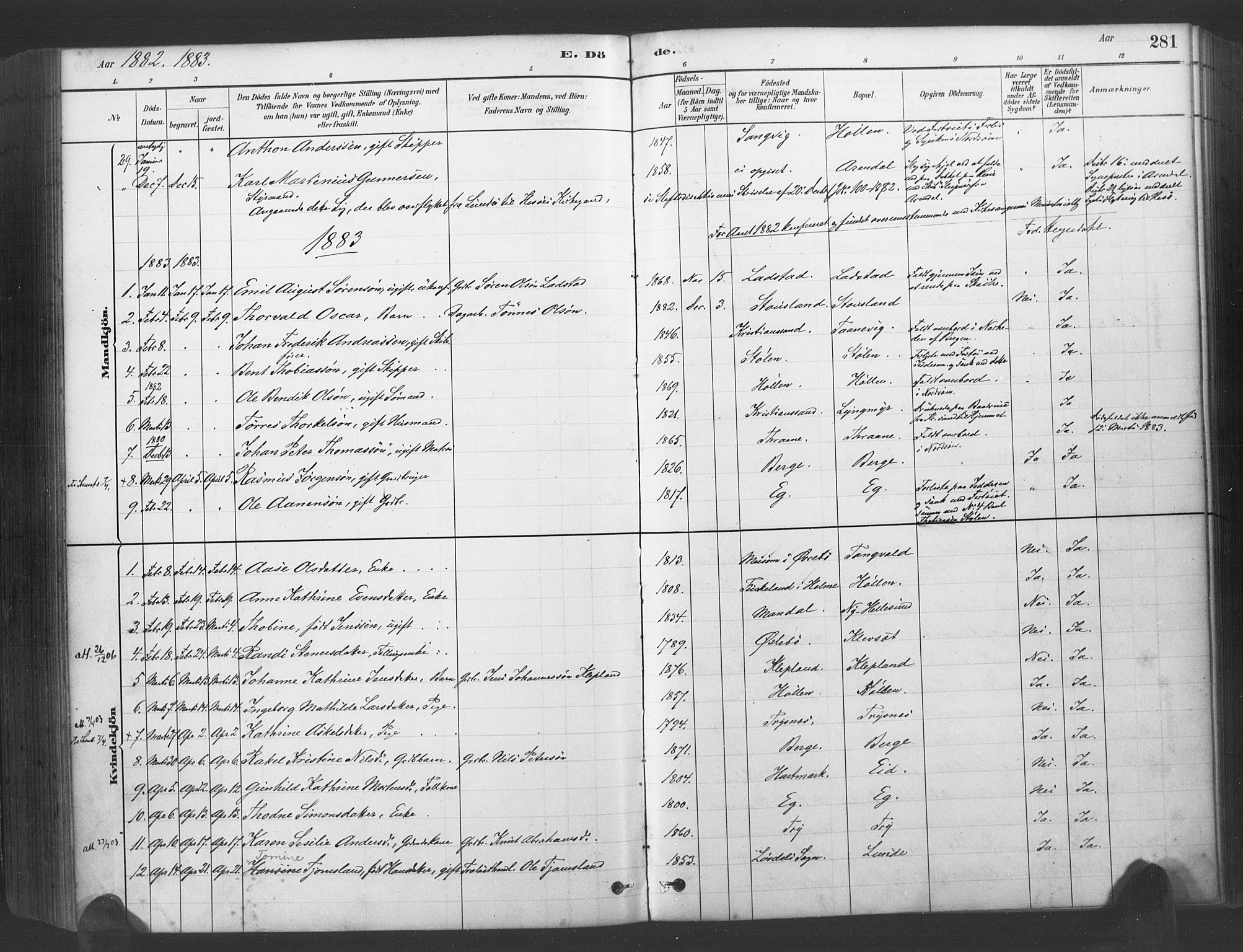 Søgne sokneprestkontor, SAK/1111-0037/F/Fa/Fab/L0012: Parish register (official) no. A 12, 1880-1891, p. 281