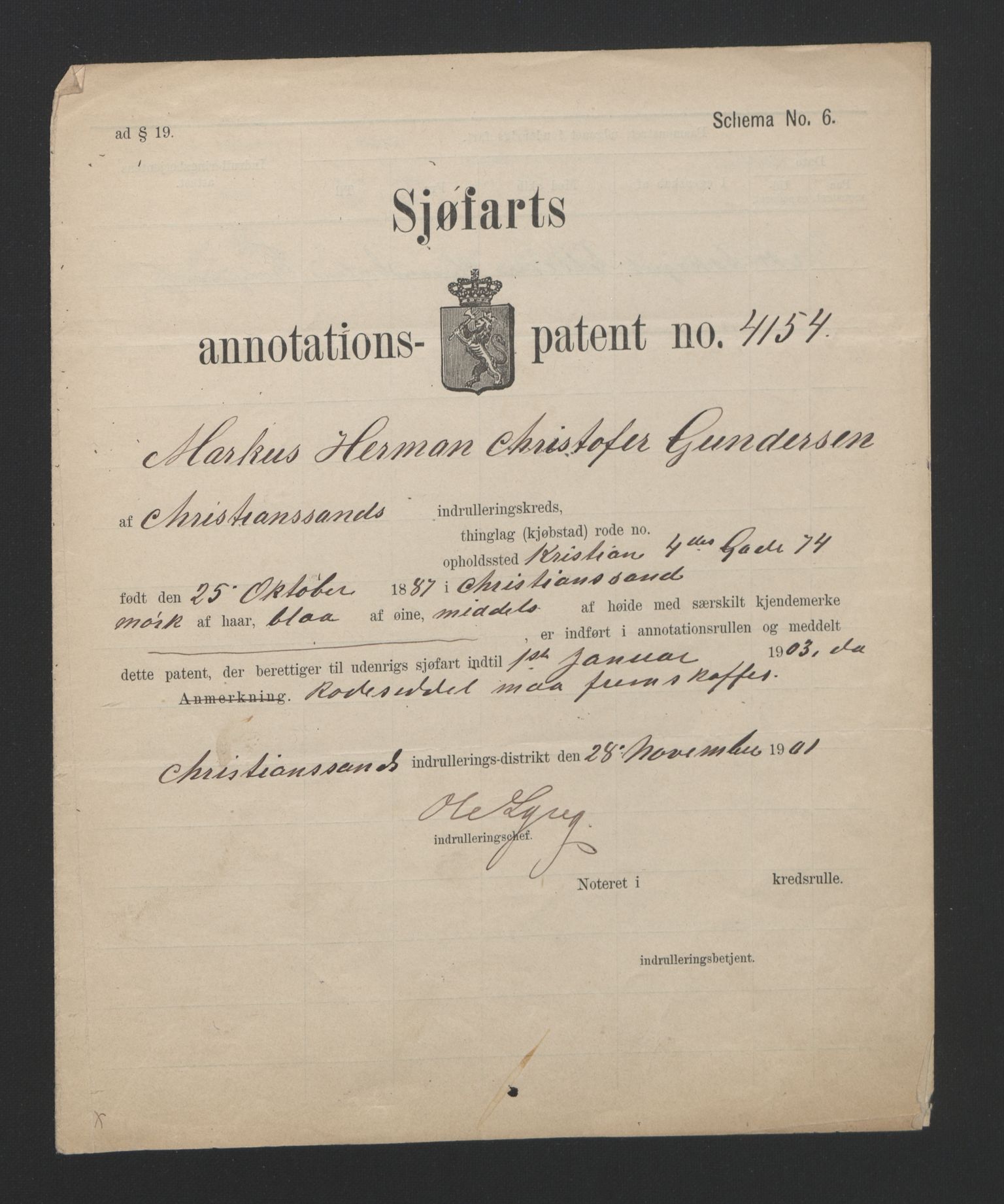 Kristiansand mønstringskrets, SAK/2031-0015/F/Fa/L0007: Annotasjonsrulle nr 3831-6645, I-5, 1898-1920, p. 111