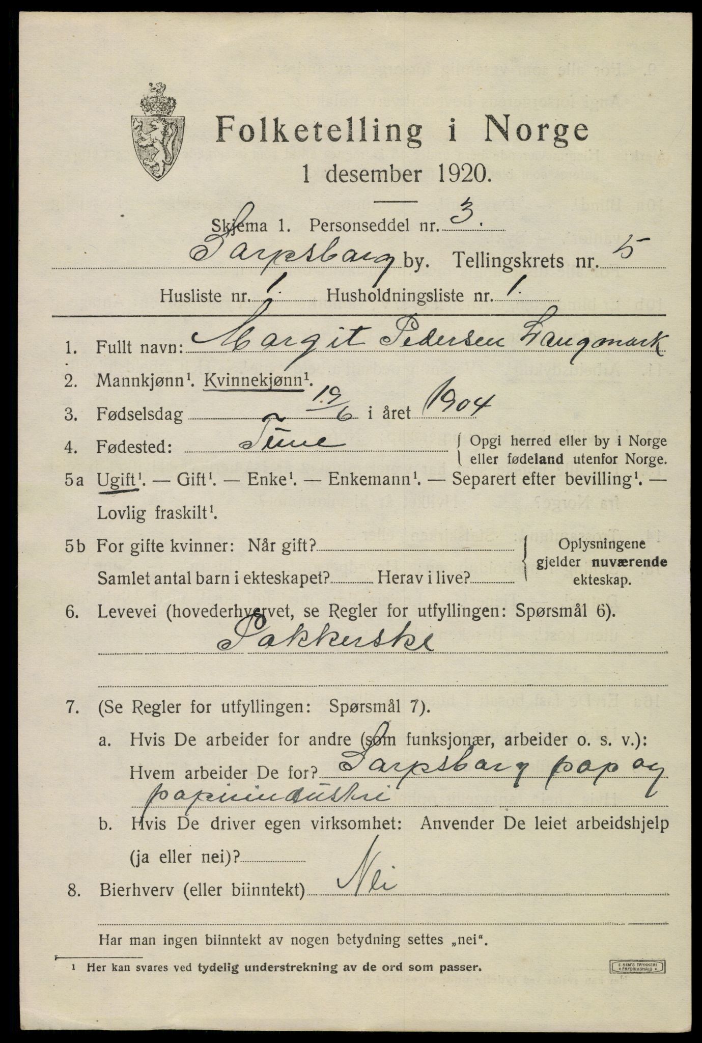 SAO, 1920 census for Sarpsborg, 1920, p. 13432