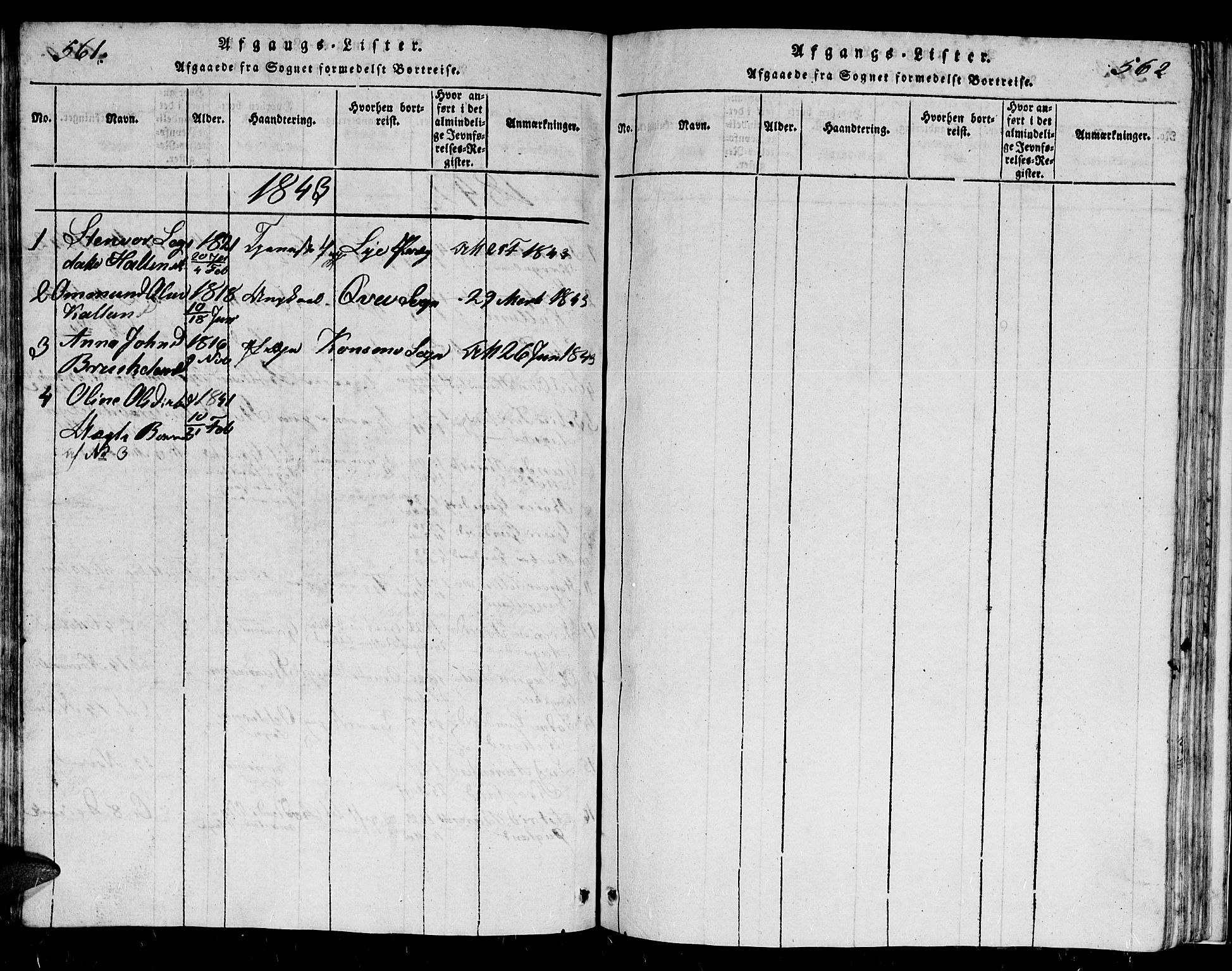 Holum sokneprestkontor, AV/SAK-1111-0022/F/Fb/Fbb/L0001: Parish register (copy) no. B 1, 1820-1847, p. 561-562