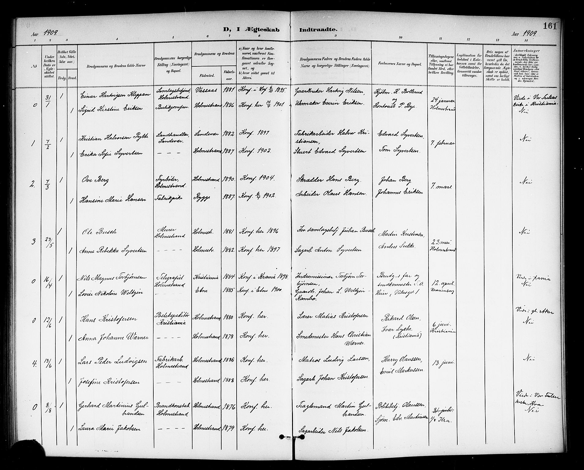 Holmestrand kirkebøker, AV/SAKO-A-346/G/Ga/L0006: Parish register (copy) no. 6, 1901-1923, p. 161