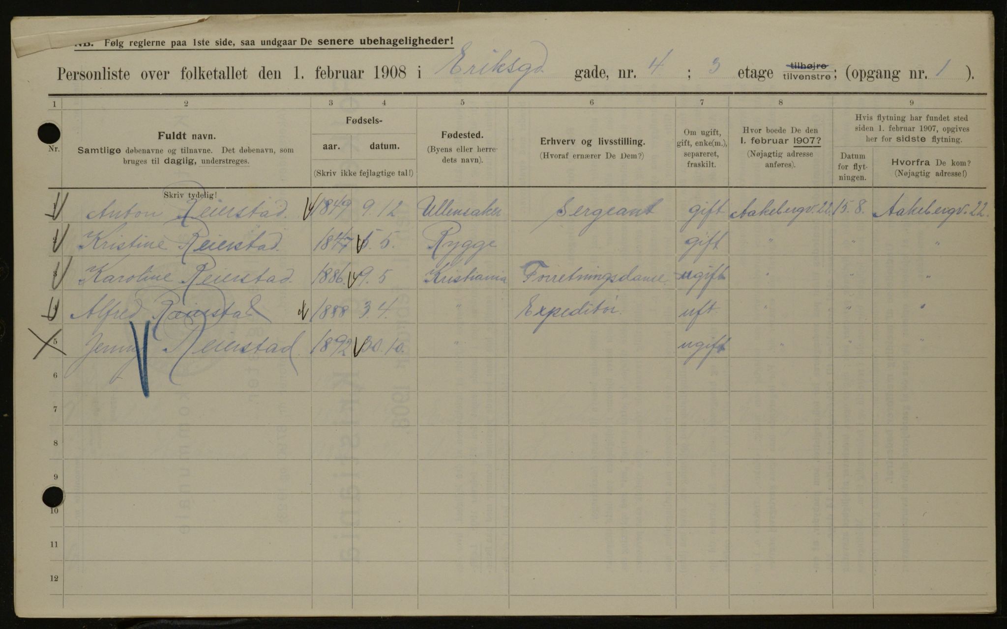 OBA, Municipal Census 1908 for Kristiania, 1908, p. 18010