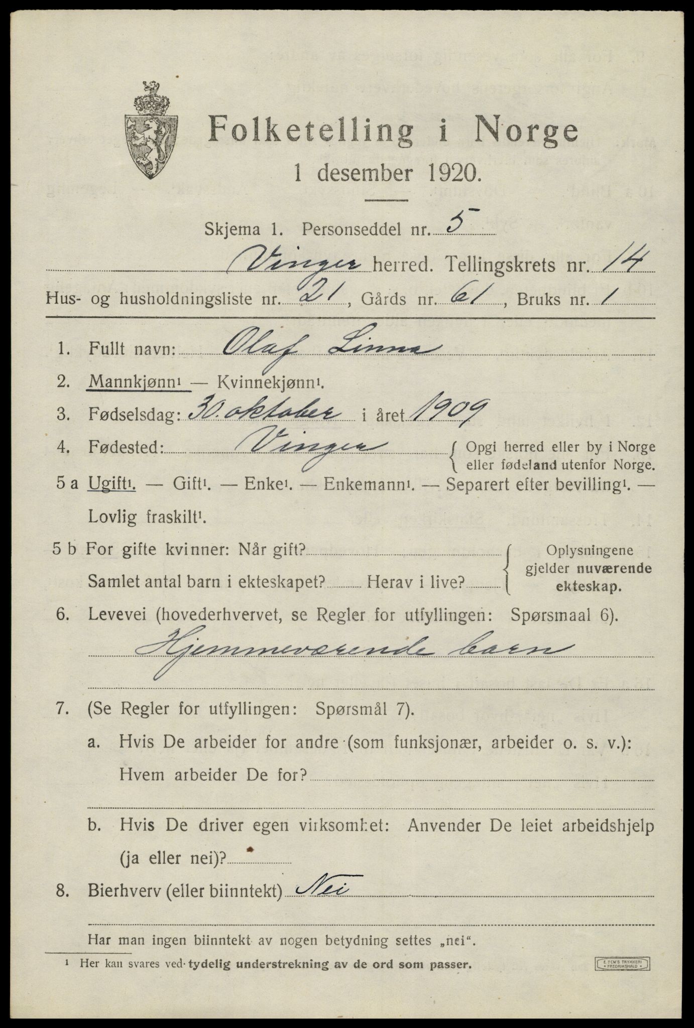 SAH, 1920 census for Vinger, 1920, p. 11612