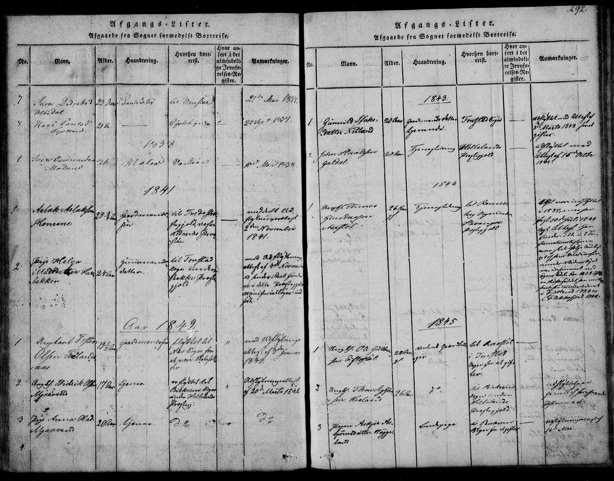 Fjotland sokneprestkontor, AV/SAK-1111-0010/F/Fb/L0001: Parish register (copy) no. B 1, 1816-1849, p. 292