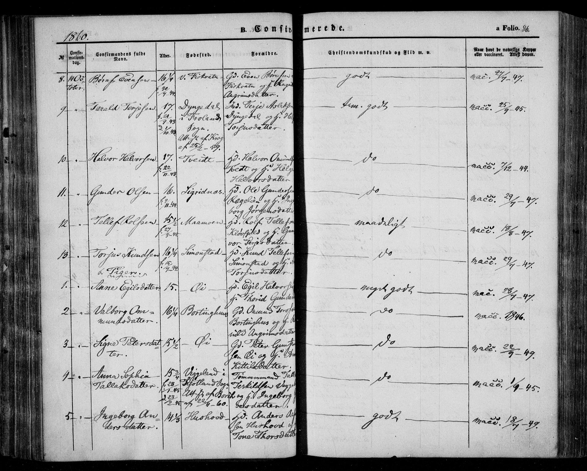 Åmli sokneprestkontor, AV/SAK-1111-0050/F/Fa/Fac/L0008: Parish register (official) no. A 8, 1852-1869, p. 86