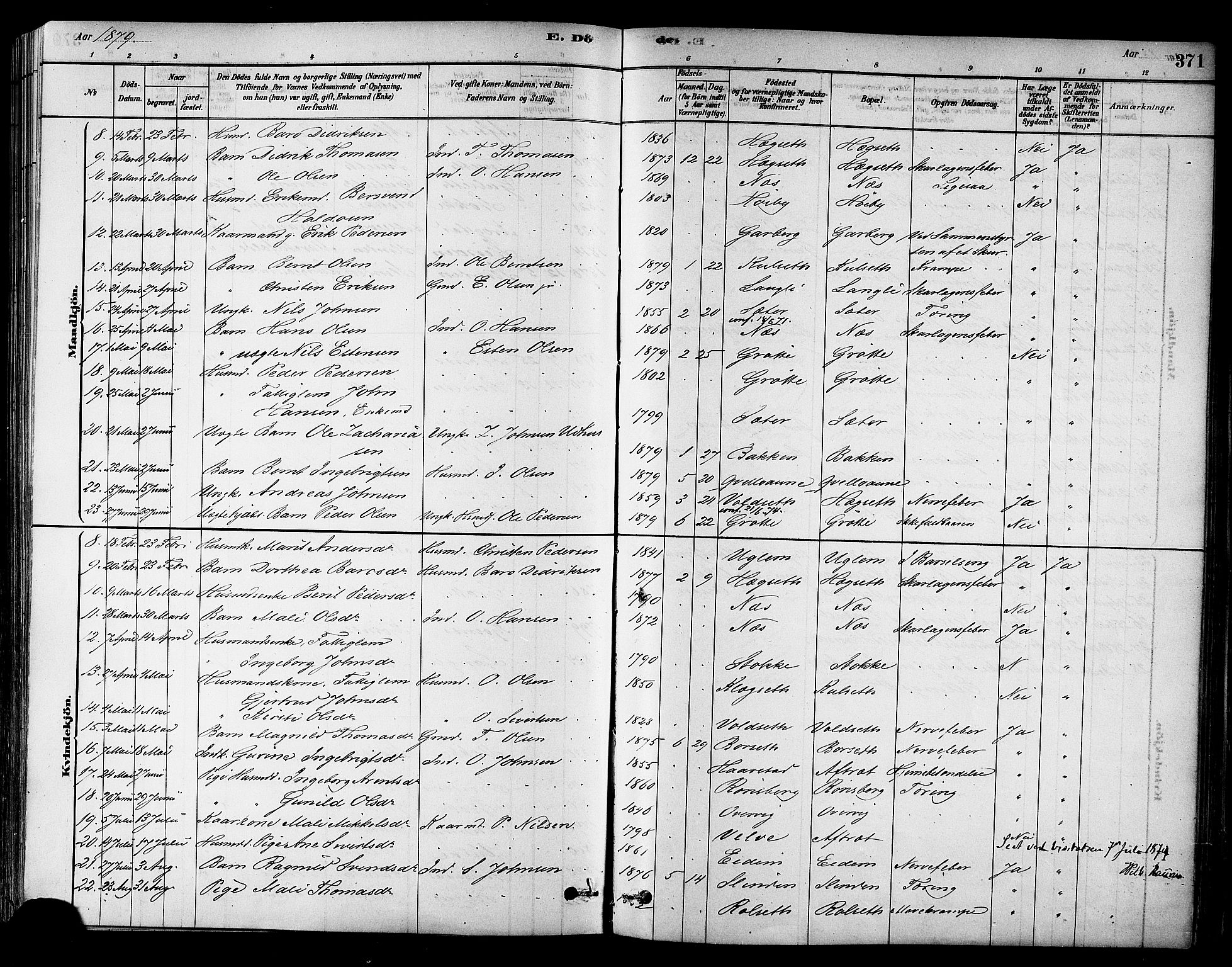 Ministerialprotokoller, klokkerbøker og fødselsregistre - Sør-Trøndelag, SAT/A-1456/695/L1148: Parish register (official) no. 695A08, 1878-1891, p. 371
