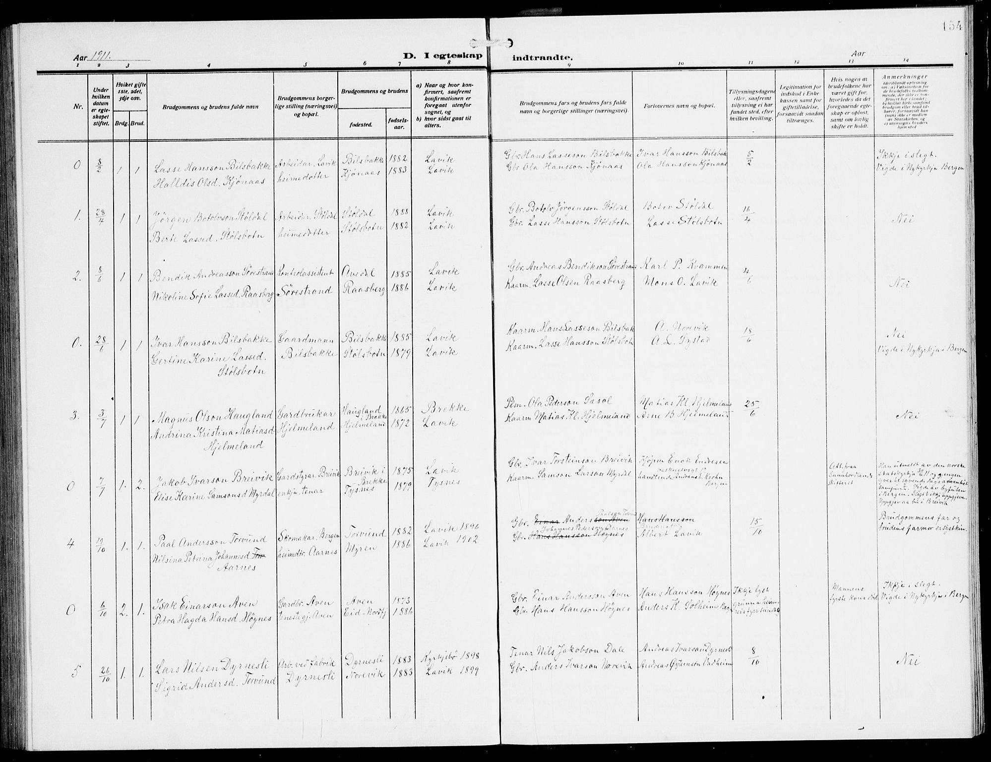 Lavik sokneprestembete, AV/SAB-A-80901: Parish register (copy) no. A 3, 1911-1942, p. 154