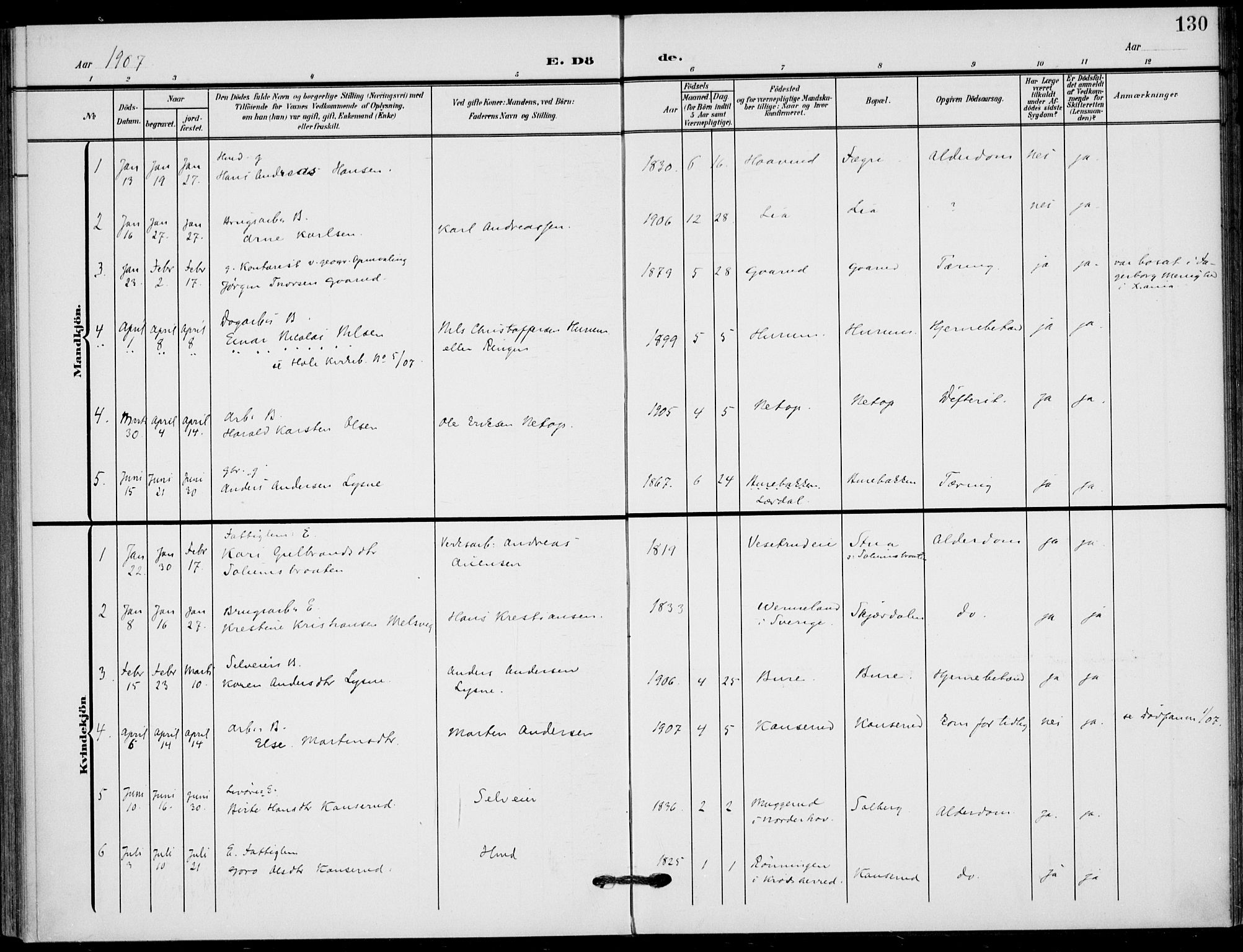 Hole kirkebøker, SAKO/A-228/F/Fb/L0003: Parish register (official) no. II 3, 1906-1916, p. 130