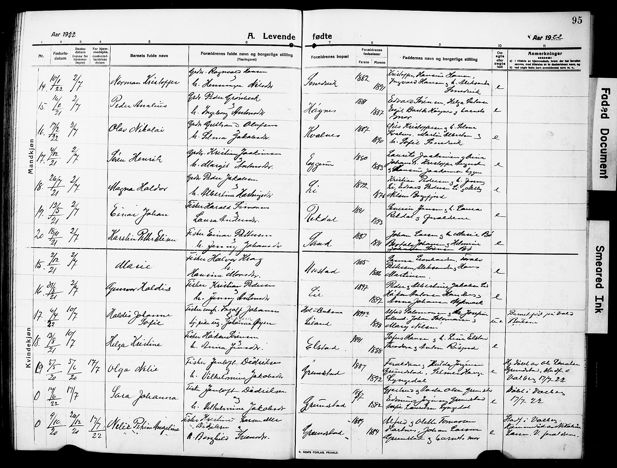 Ministerialprotokoller, klokkerbøker og fødselsregistre - Nordland, AV/SAT-A-1459/880/L1142: Parish register (copy) no. 880C04, 1913-1930, p. 95