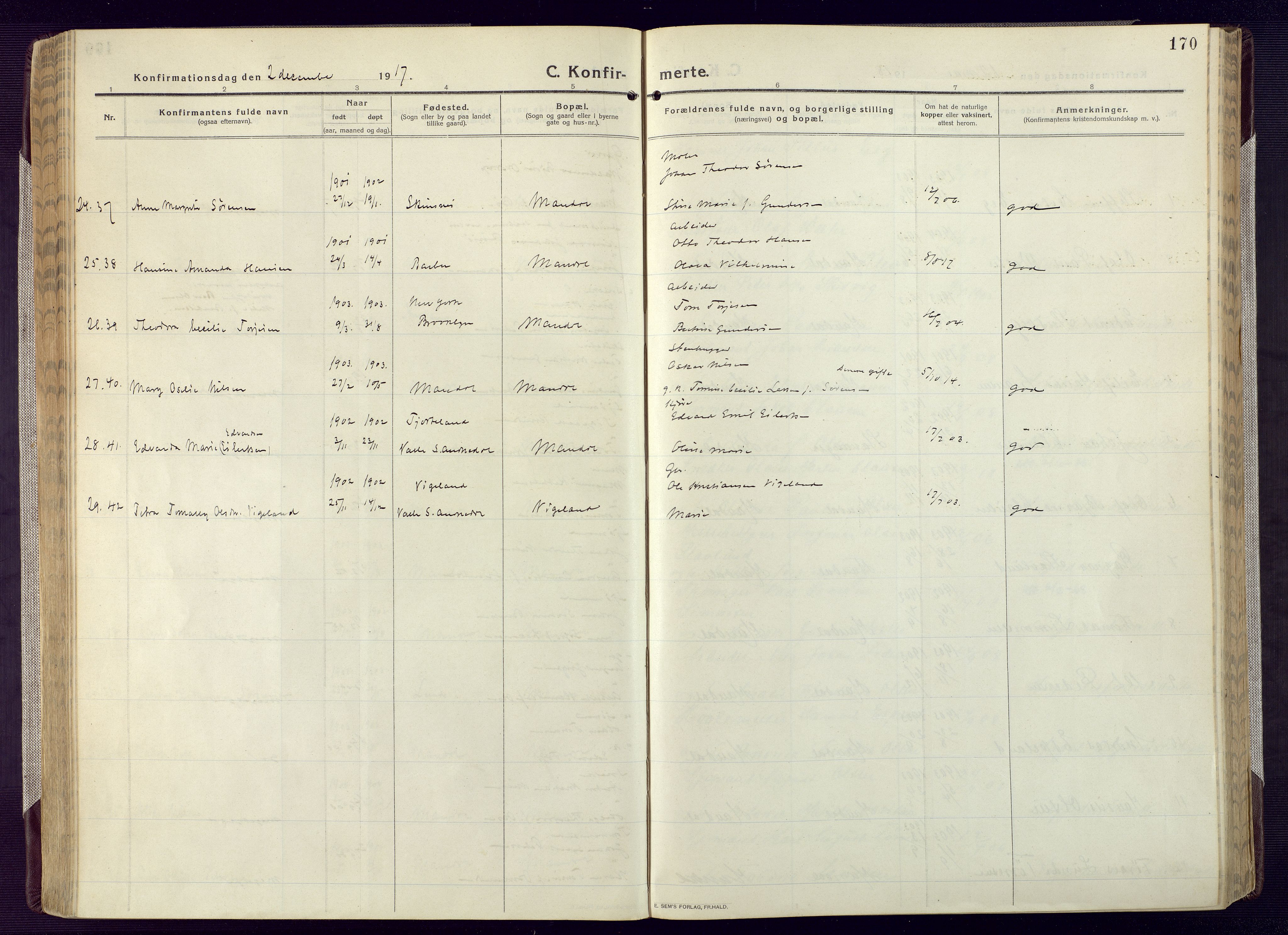 Mandal sokneprestkontor, AV/SAK-1111-0030/F/Fa/Fac/L0001: Parish register (official) no. A 1, 1913-1925, p. 170