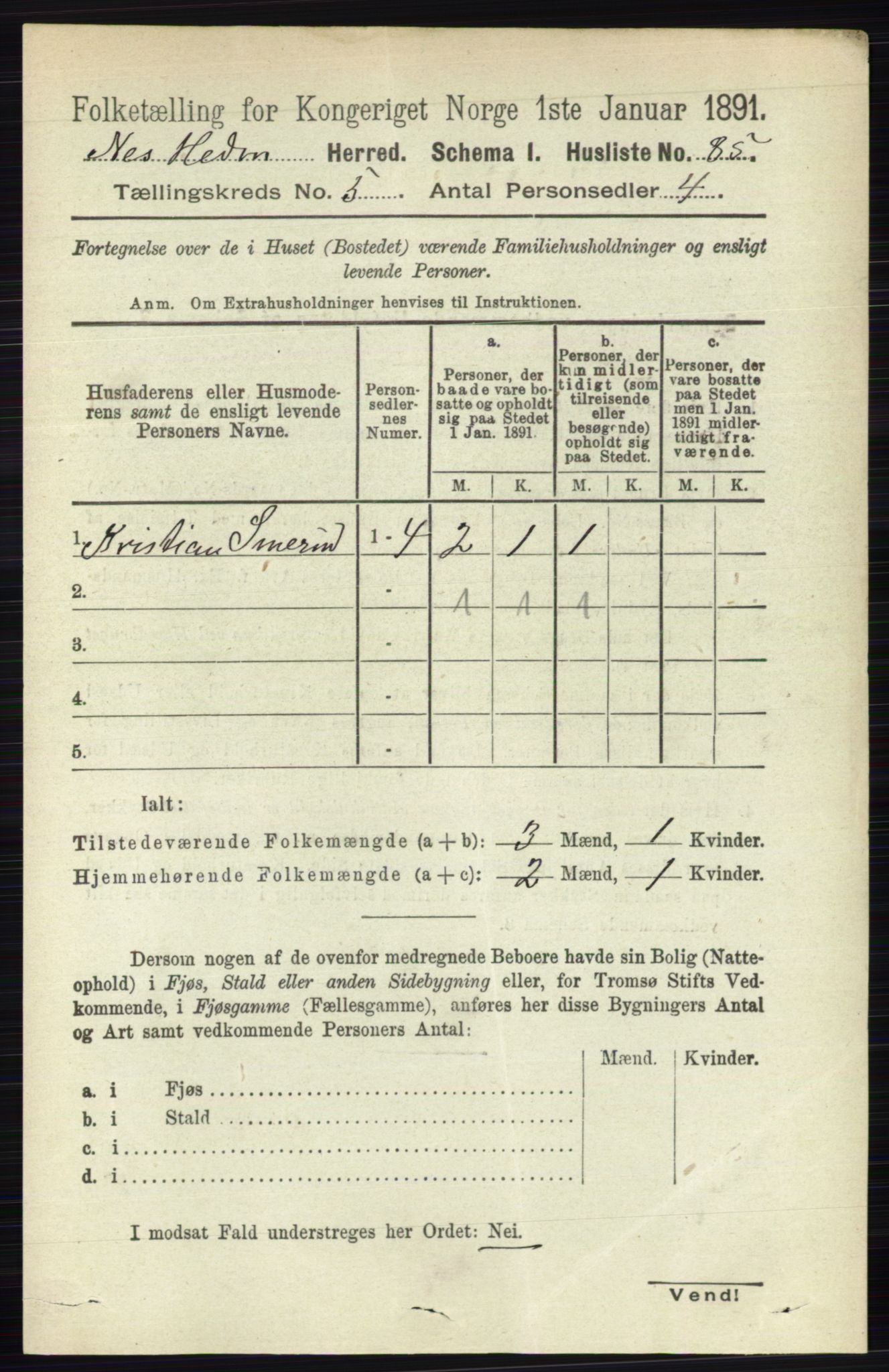 RA, 1891 census for 0411 Nes, 1891, p. 2606