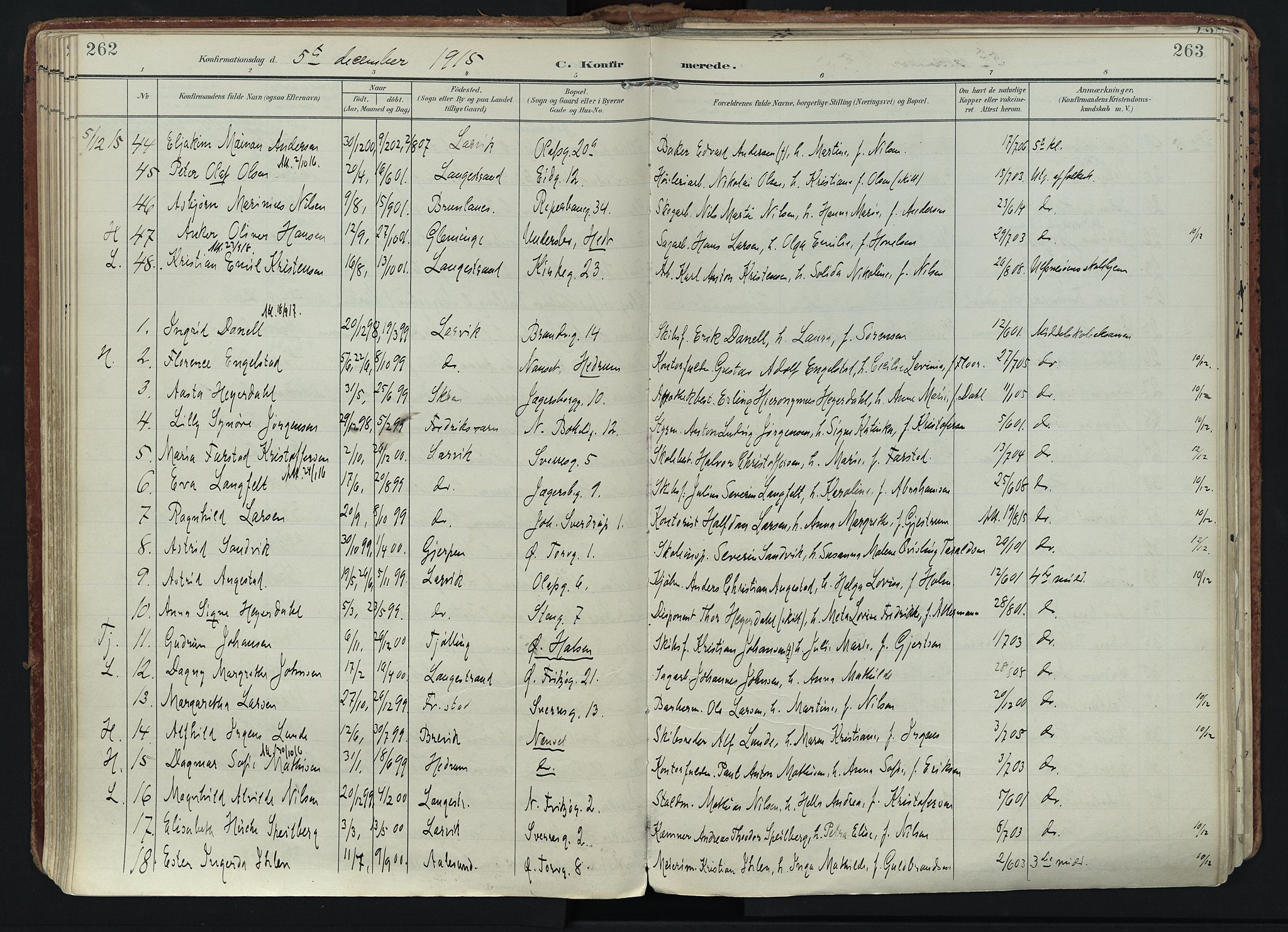 Larvik kirkebøker, SAKO/A-352/F/Fa/L0011: Parish register (official) no. I 11, 1902-1922, p. 262-263