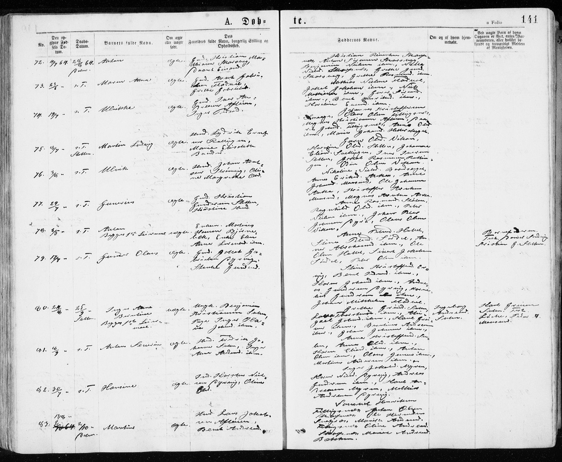 Ministerialprotokoller, klokkerbøker og fødselsregistre - Sør-Trøndelag, AV/SAT-A-1456/640/L0576: Parish register (official) no. 640A01, 1846-1876, p. 141