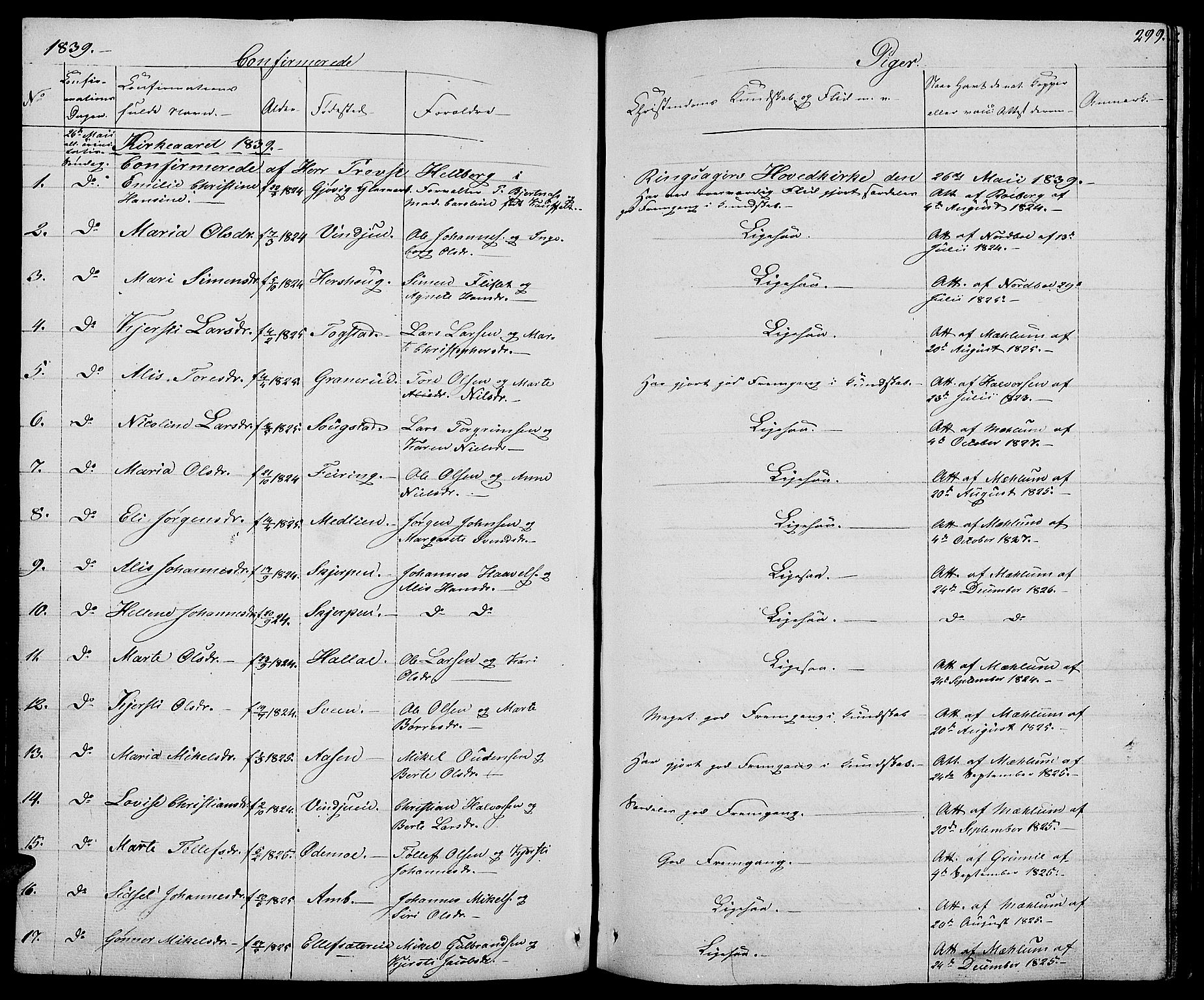 Ringsaker prestekontor, SAH/PREST-014/L/La/L0005: Parish register (copy) no. 5, 1839-1850, p. 299