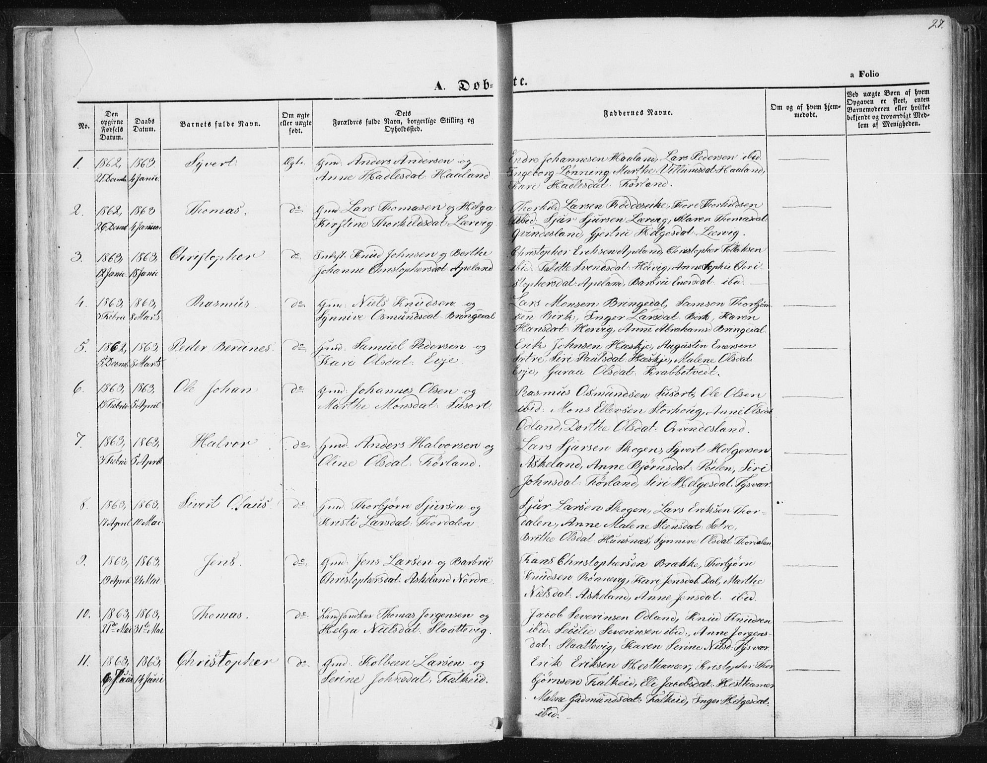 Tysvær sokneprestkontor, SAST/A -101864/H/Ha/Haa/L0003: Parish register (official) no. A 3, 1856-1865, p. 27