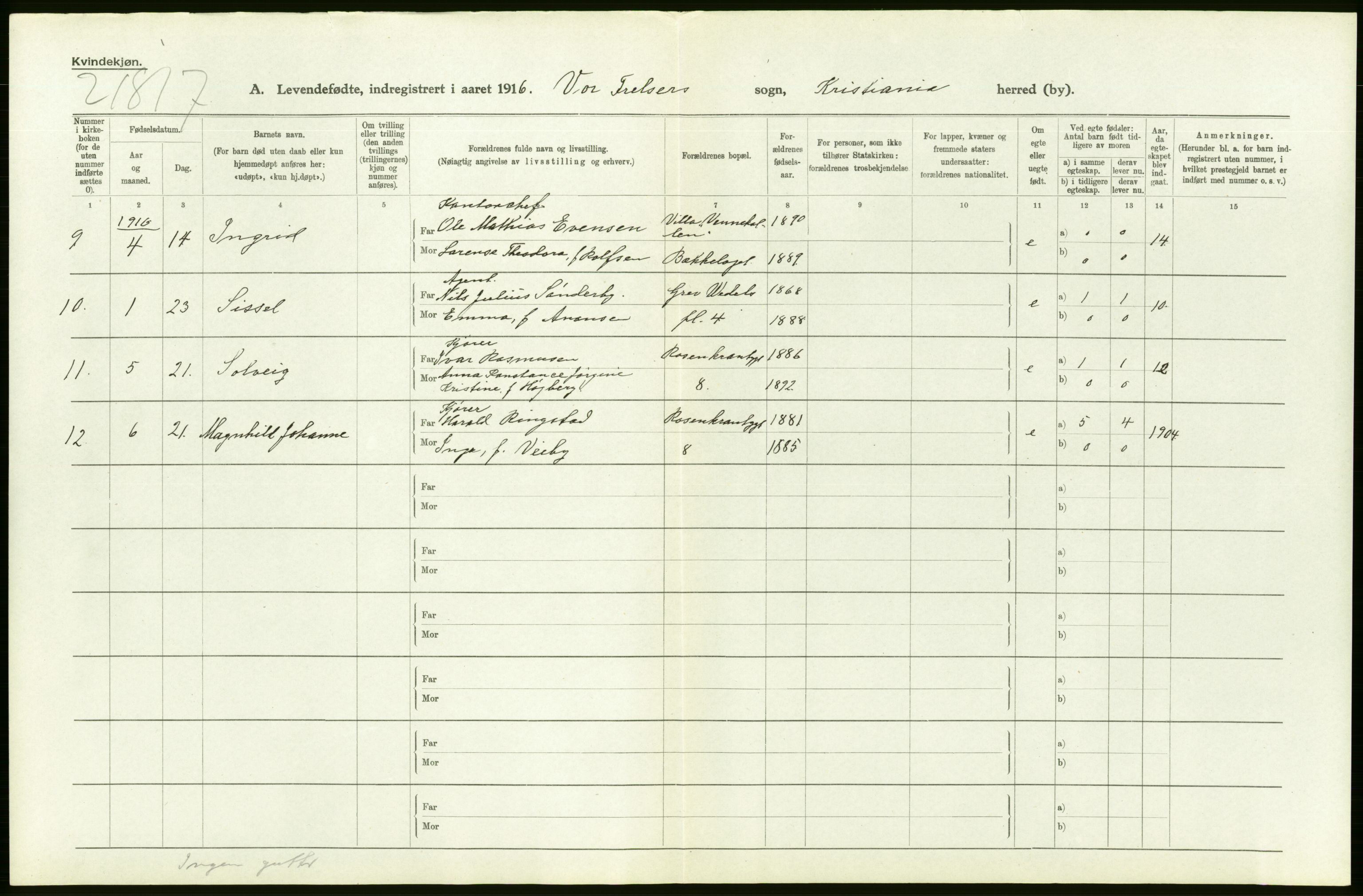 Statistisk sentralbyrå, Sosiodemografiske emner, Befolkning, AV/RA-S-2228/D/Df/Dfb/Dfbf/L0006: Kristiania: Levendefødte menn og kvinner., 1916, p. 28