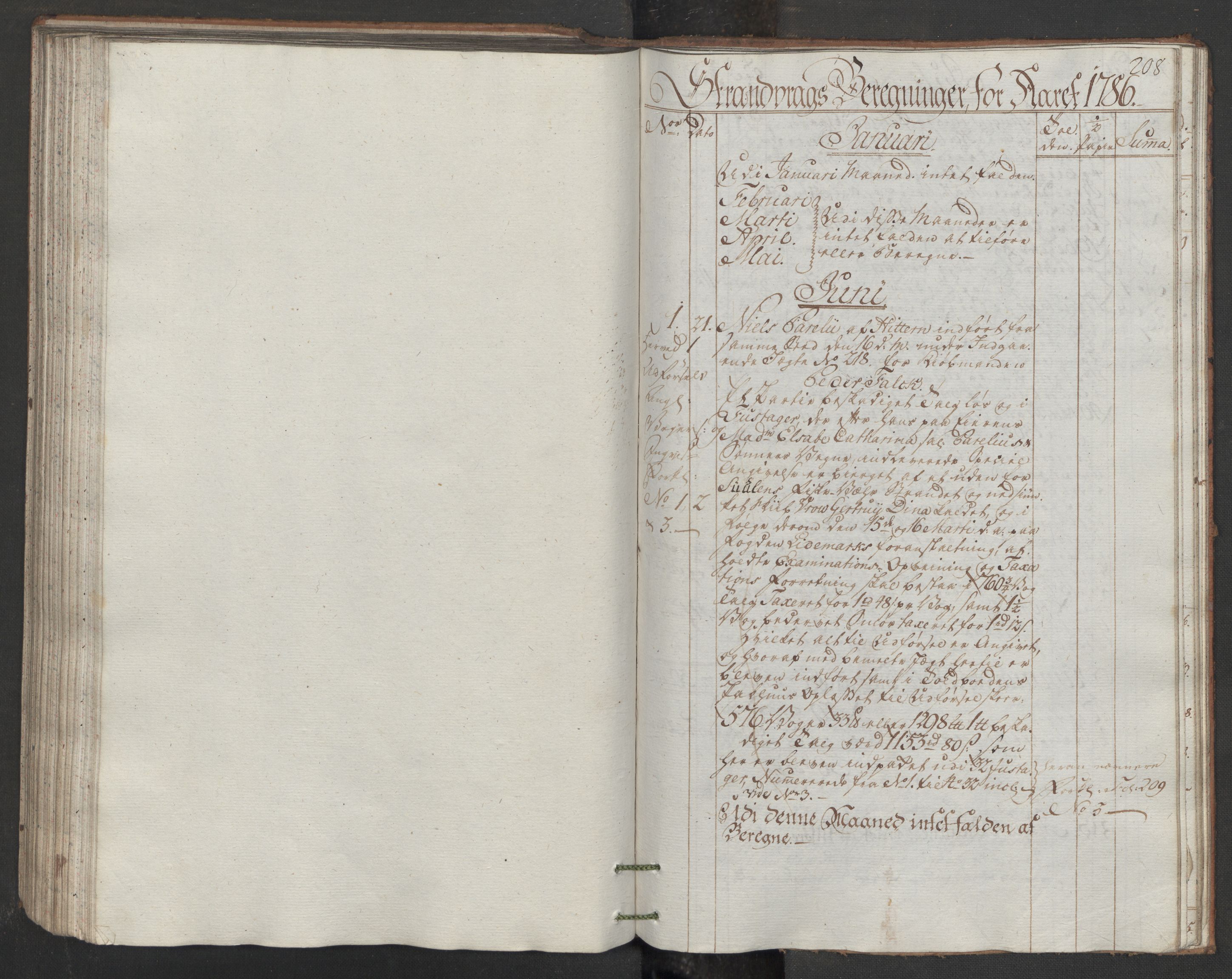 Generaltollkammeret, tollregnskaper, AV/RA-EA-5490/R33/L0170/0001: Tollregnskaper Trondheim A / Inngående hovedtollbok, 1786, p. 207b-208a