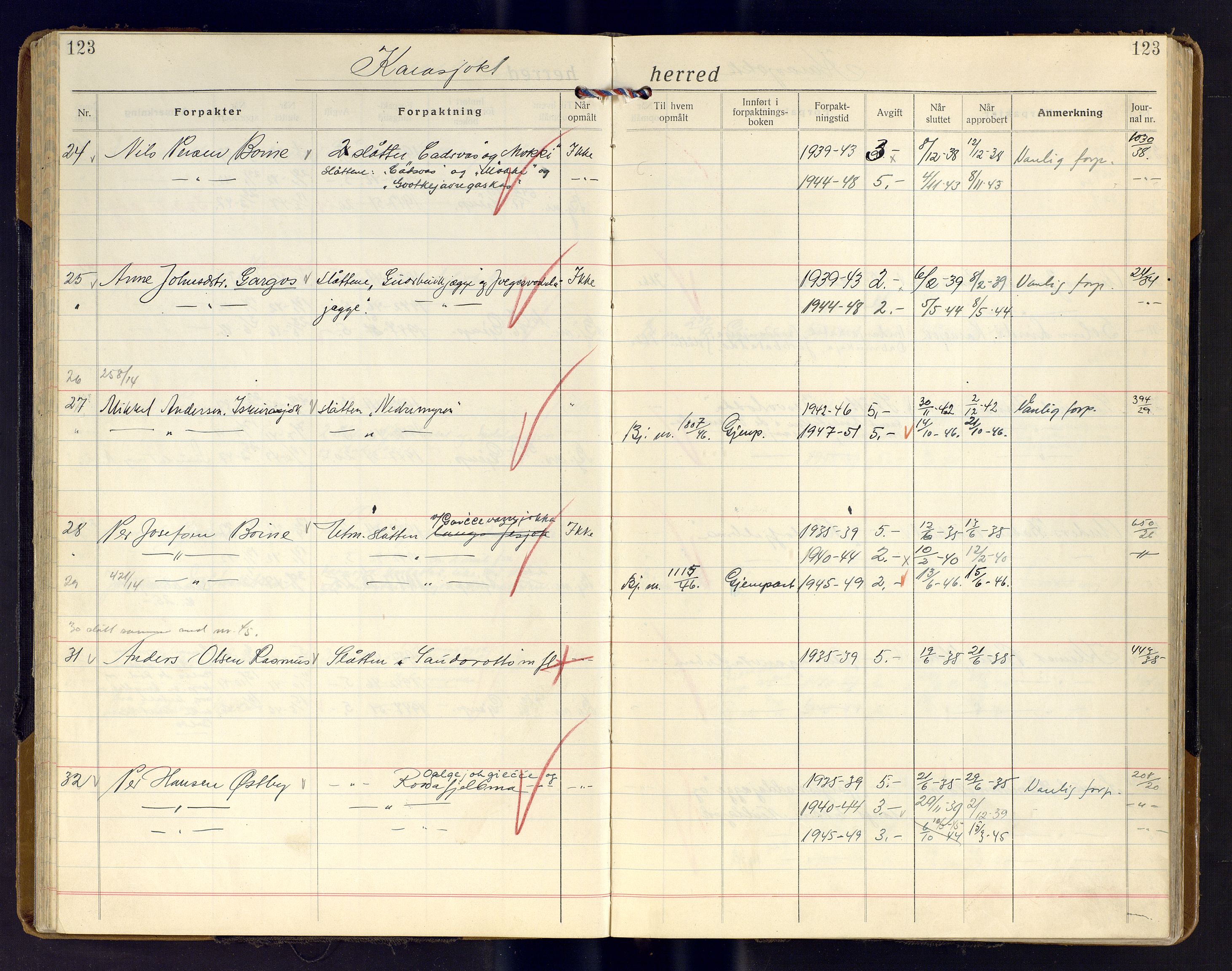 Finnmark jordsalgskommisjon/jordsalgskontor og Statskog SF Finnmark jordsalgskontor, AV/SATØ-S-1443/J/Ja/L0011: Forpaktningsbok for Finnmark II, 1921-1948, p. 123