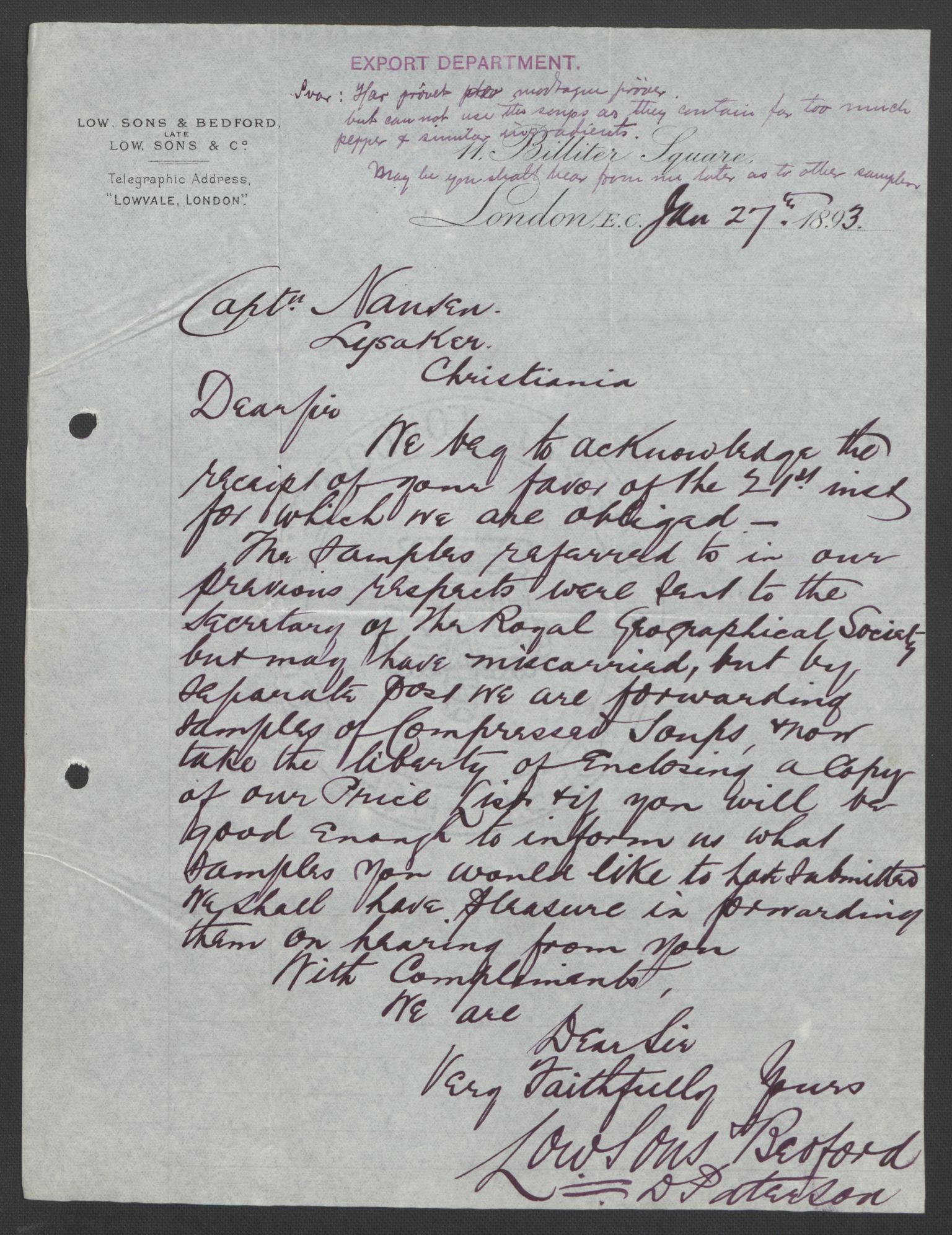 Arbeidskomitéen for Fridtjof Nansens polarekspedisjon, AV/RA-PA-0061/D/L0004: Innk. brev og telegrammer vedr. proviant og utrustning, 1892-1893, p. 356