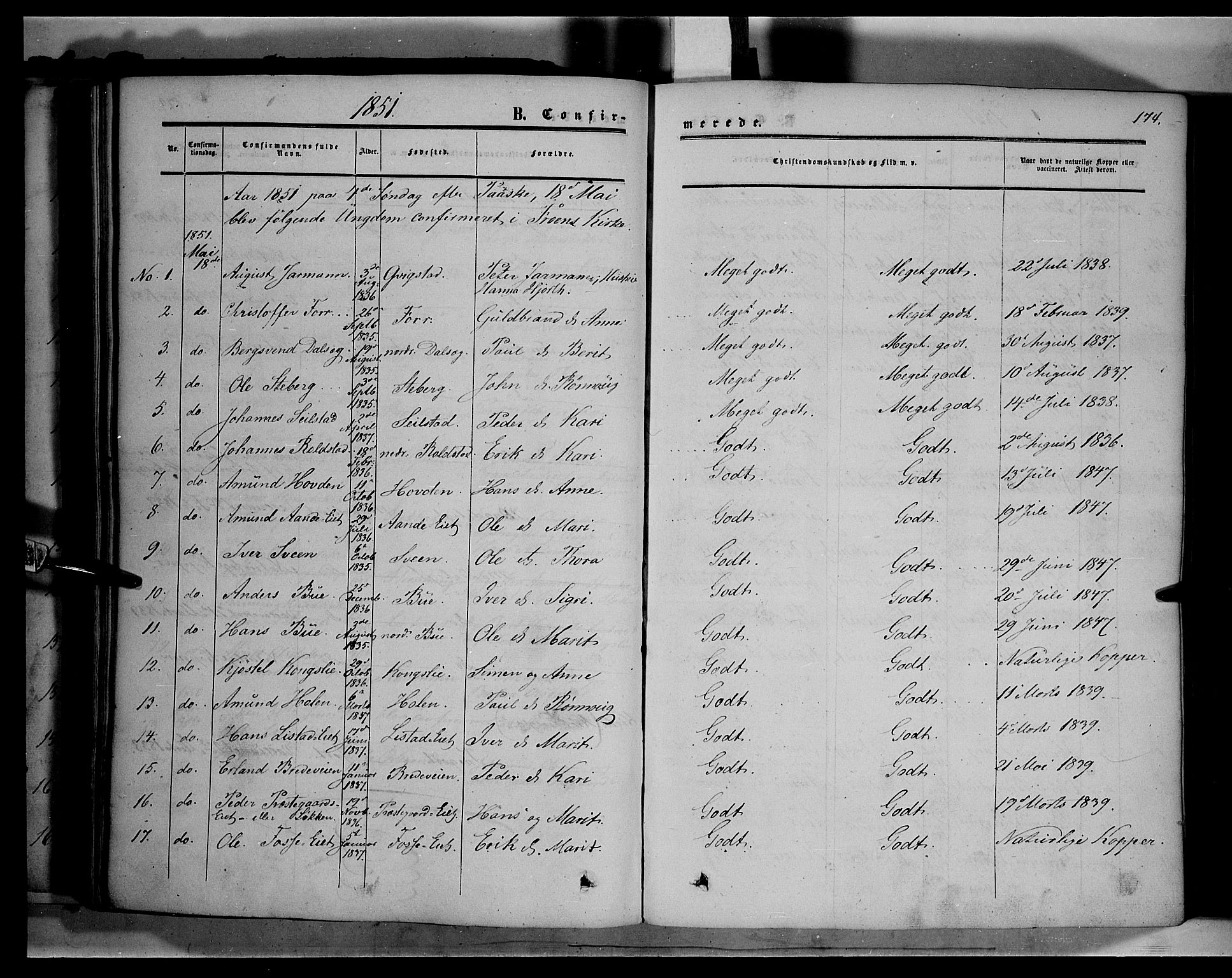 Sør-Fron prestekontor, AV/SAH-PREST-010/H/Ha/Haa/L0001: Parish register (official) no. 1, 1849-1863, p. 174