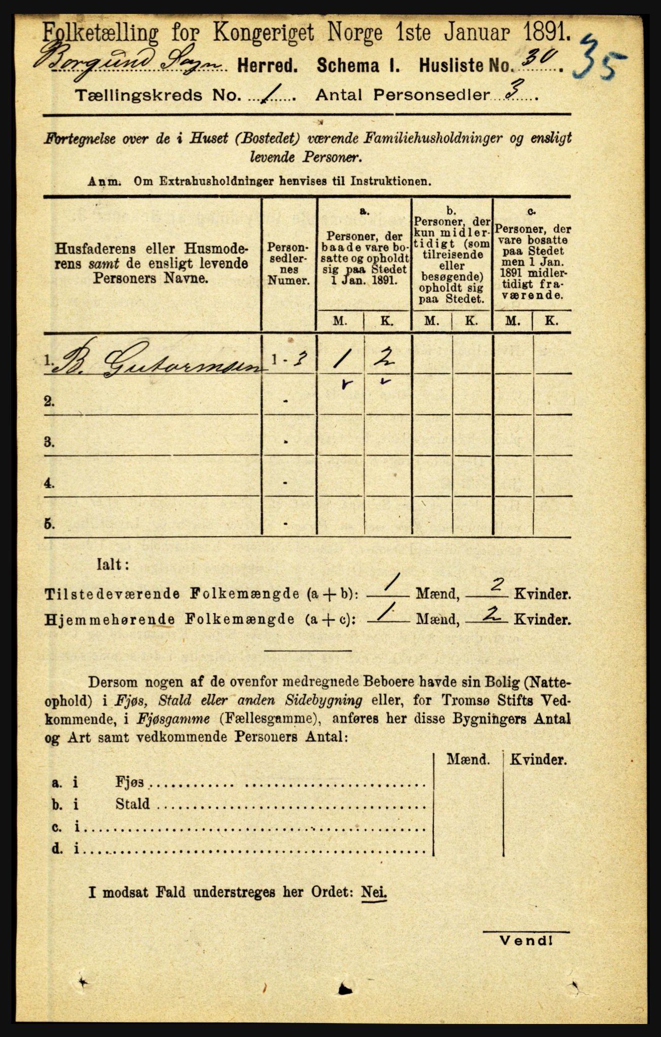 RA, 1891 census for 1423 Borgund, 1891, p. 43